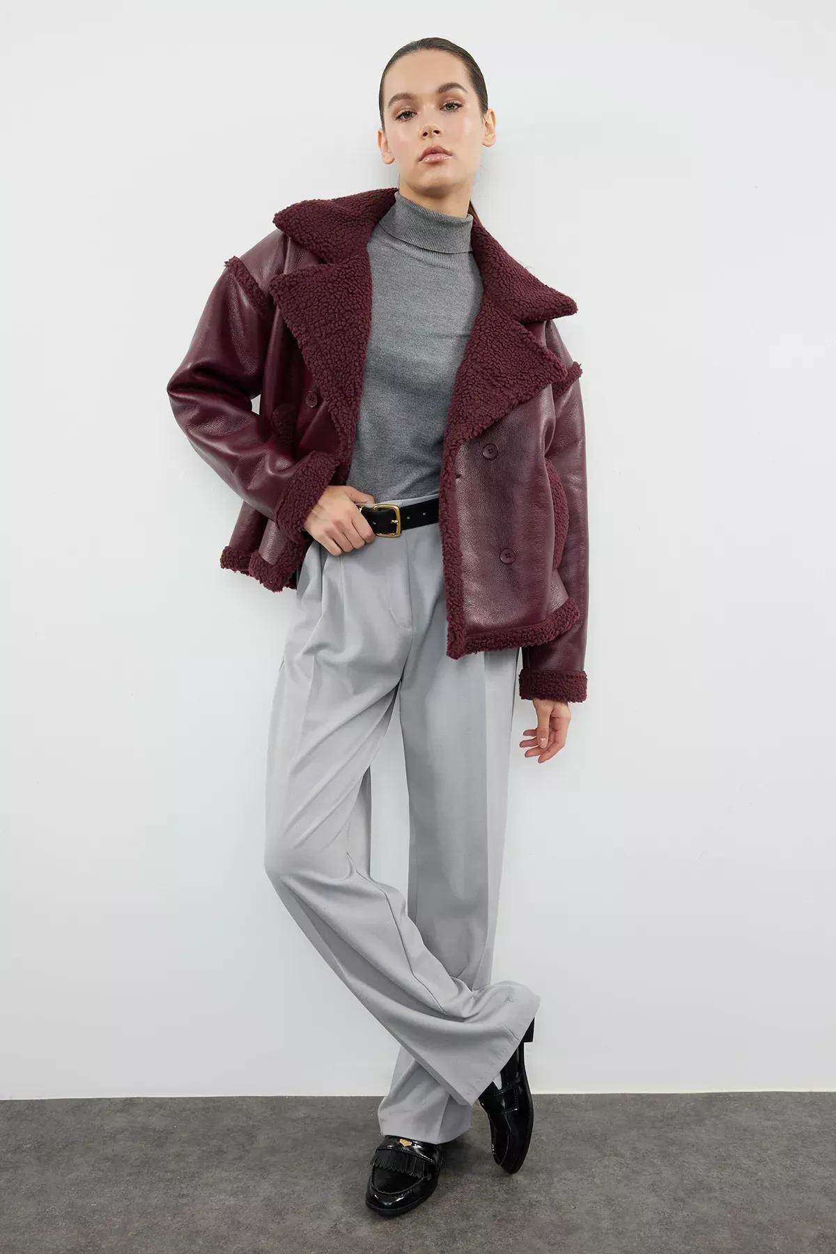 Burgundy Plush Faux Leather Biker Jacket, , large image number 0