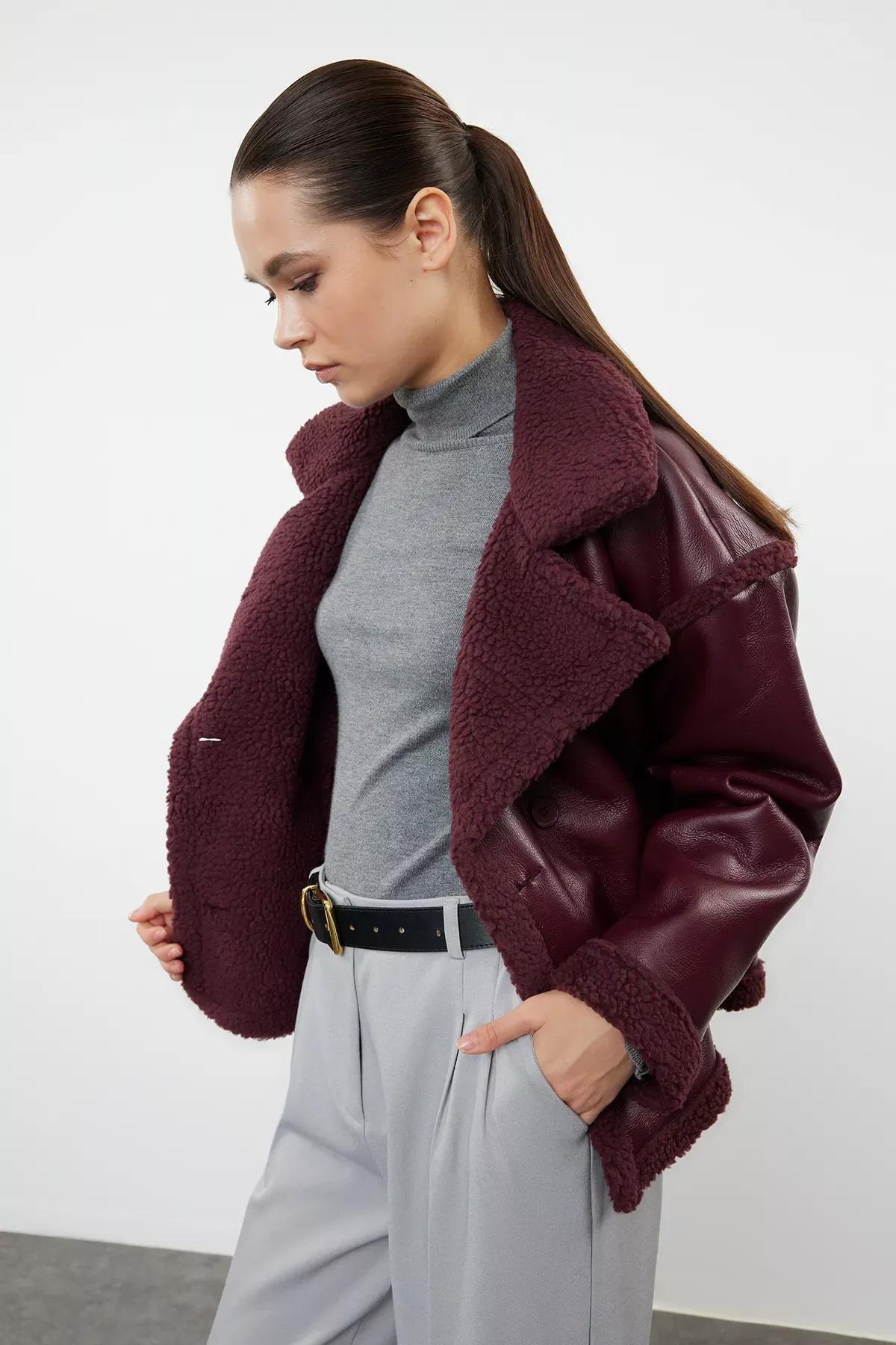 Burgundy Plush Faux Leather Biker Jacket, , large image number 2