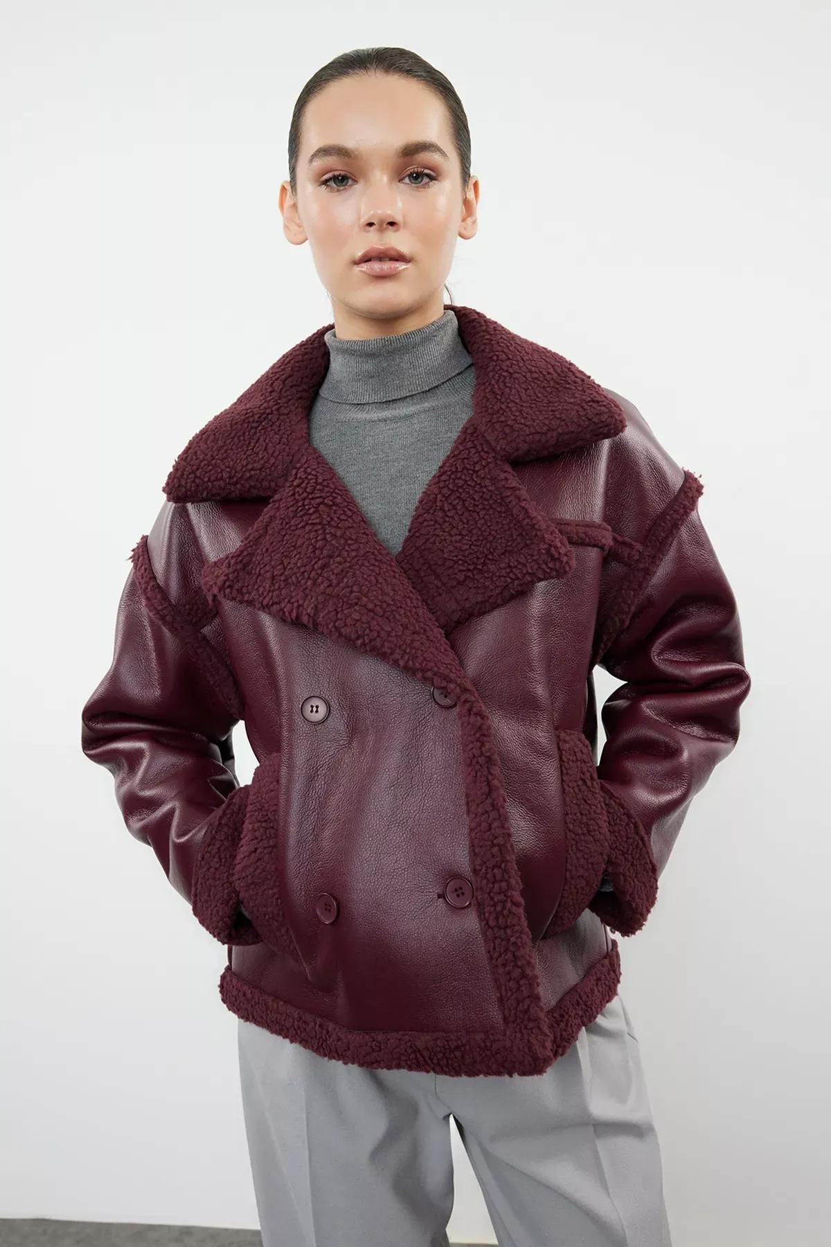 Burgundy Plush Faux Leather Biker Jacket, , large image number 3