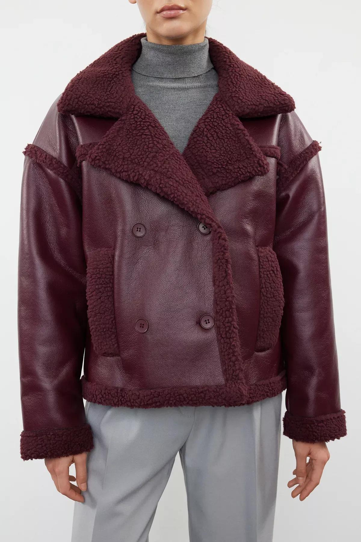 Burgundy Plush Faux Leather Biker Jacket, , large image number 4