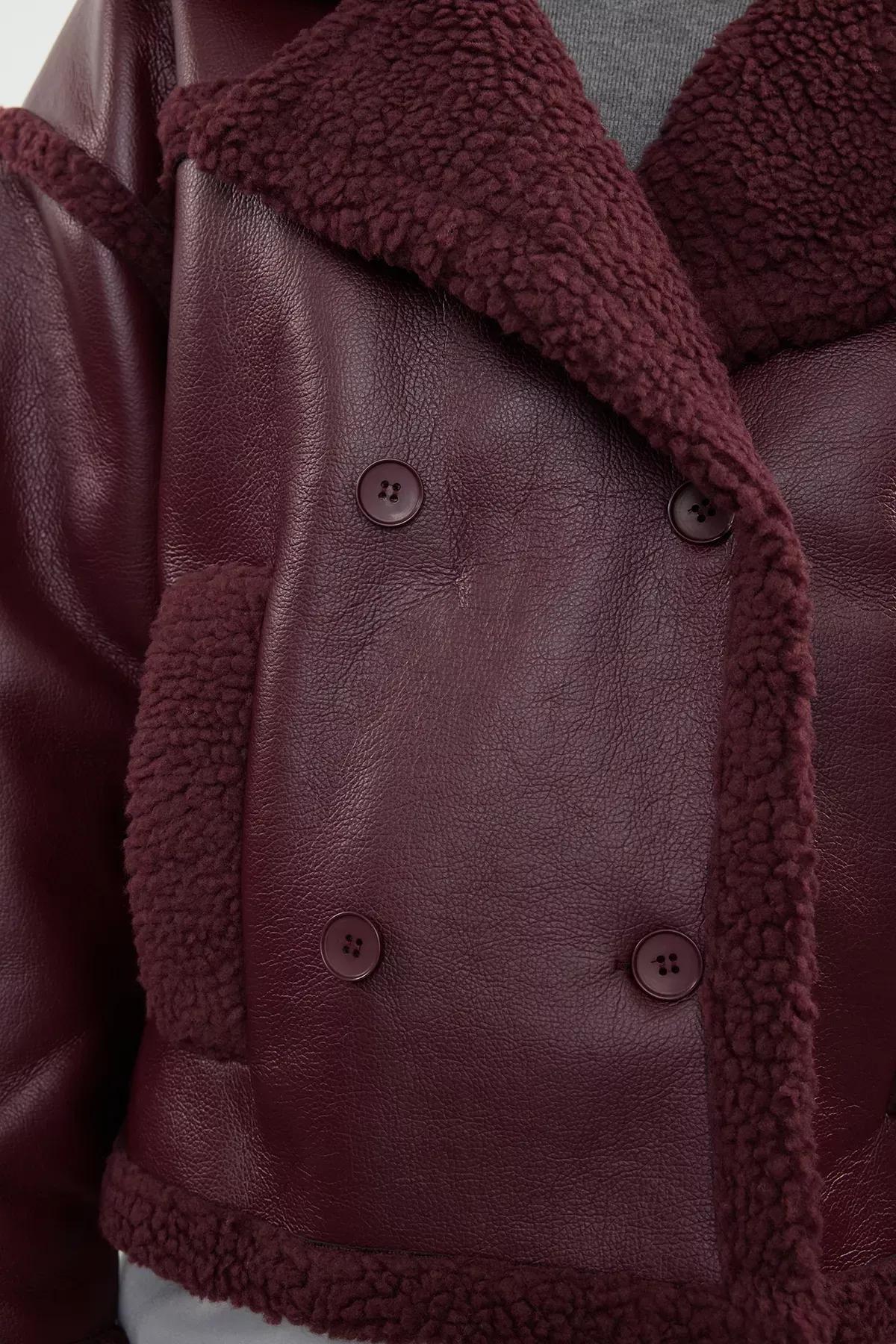 Burgundy Plush Faux Leather Biker Jacket, , large image number 5