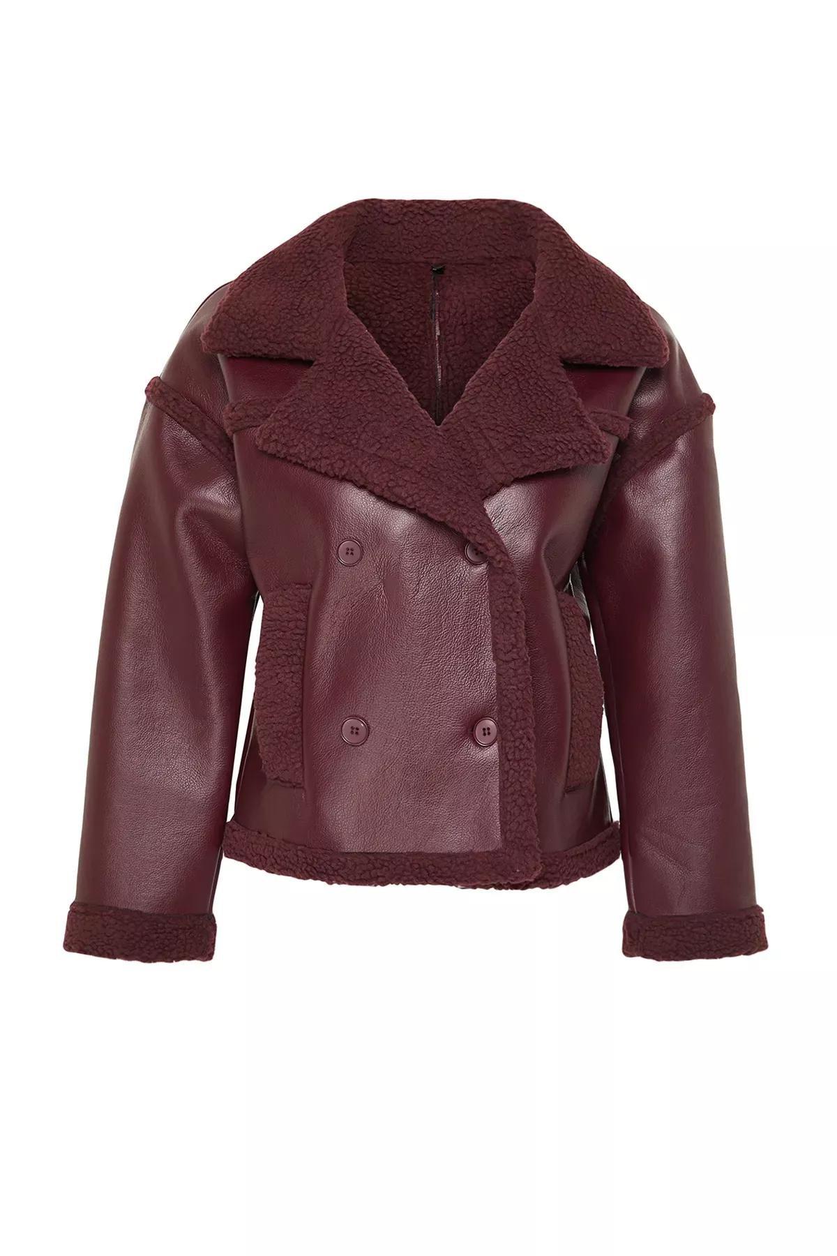 Burgundy Plush Faux Leather Biker Jacket, , large image number 6