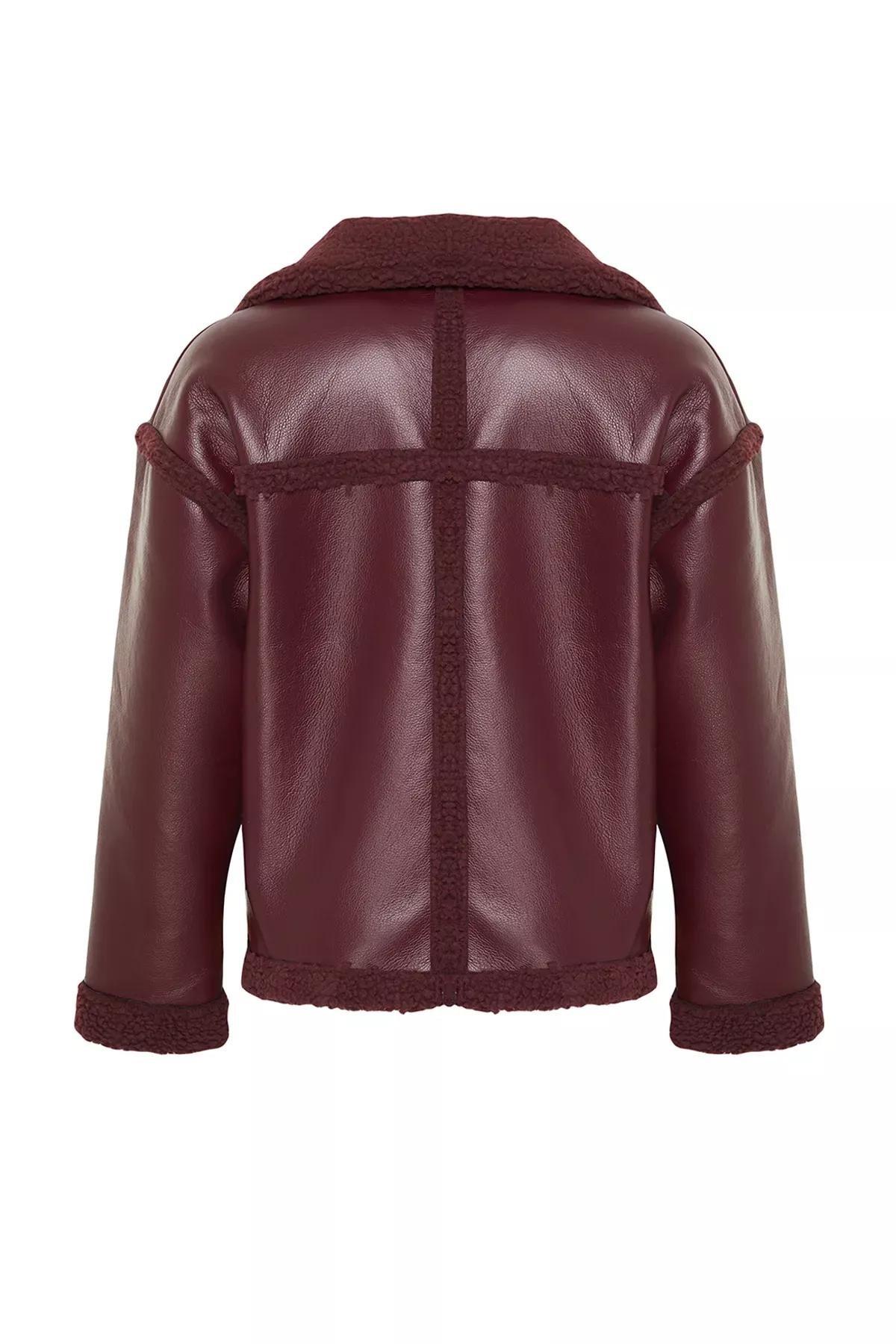 Burgundy Plush Faux Leather Biker Jacket, Burgundy, large image number 7