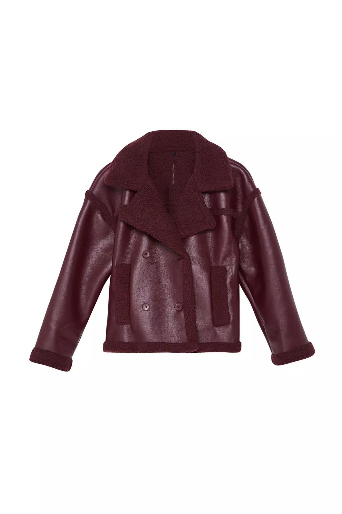 Burgundy Plush Faux Leather Biker Jacket, , large image number 8