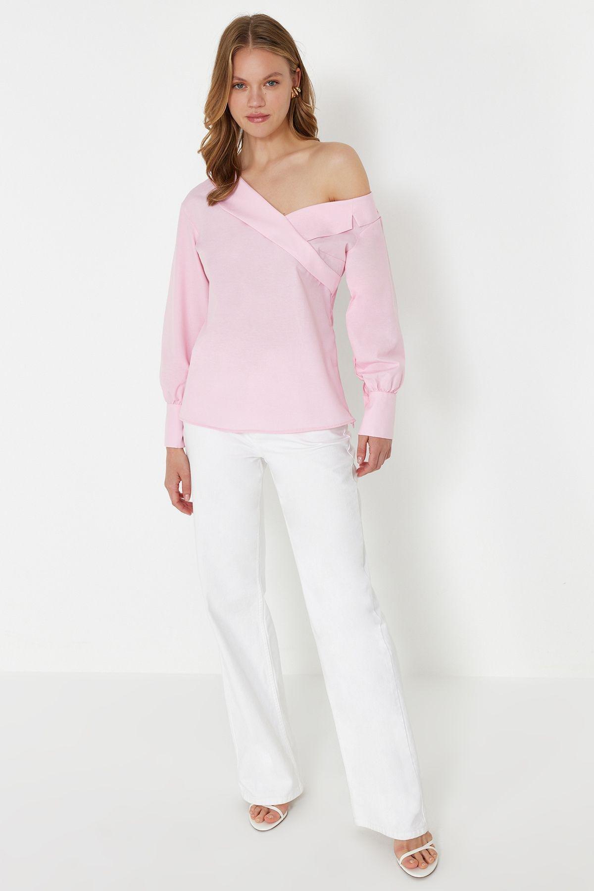 Pink Boat Neck Woven Blouse, , large image number 1