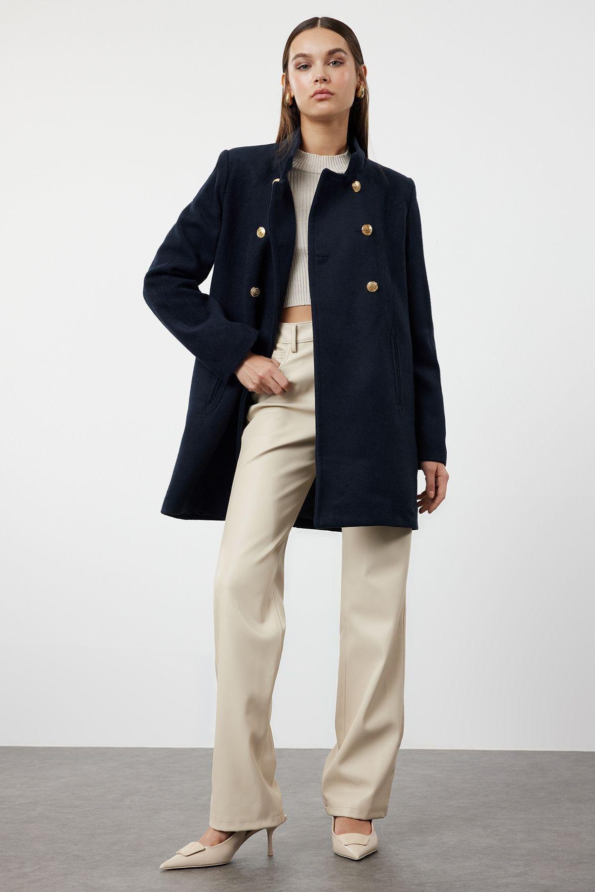 Navy Blue Button Detailed Regular Woolen Midi Coat TWOAW25KB00017, Single item, Navy blue, large image number 0