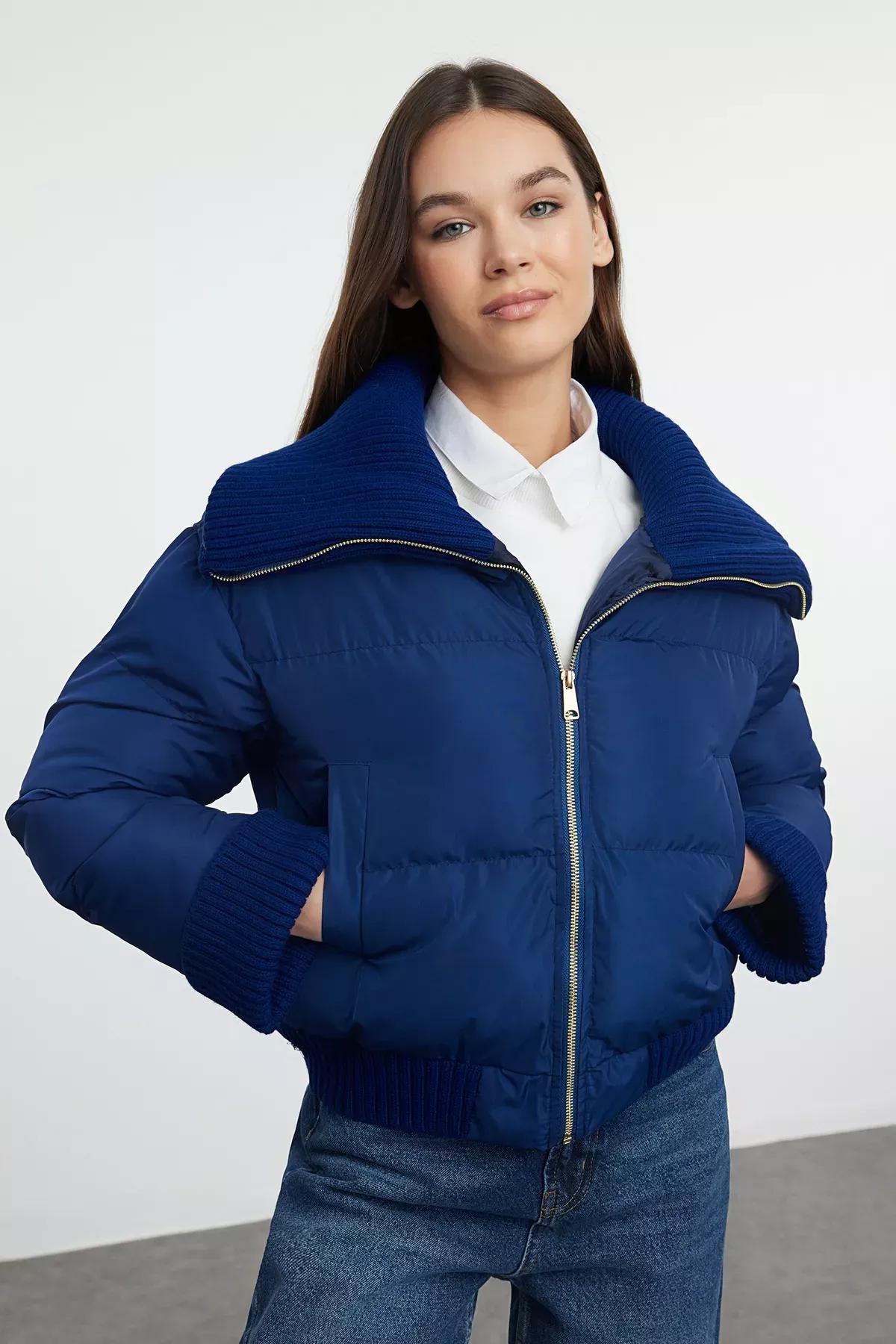 Navy Knit Detailed Puffer Jacket, Navy blue, medium