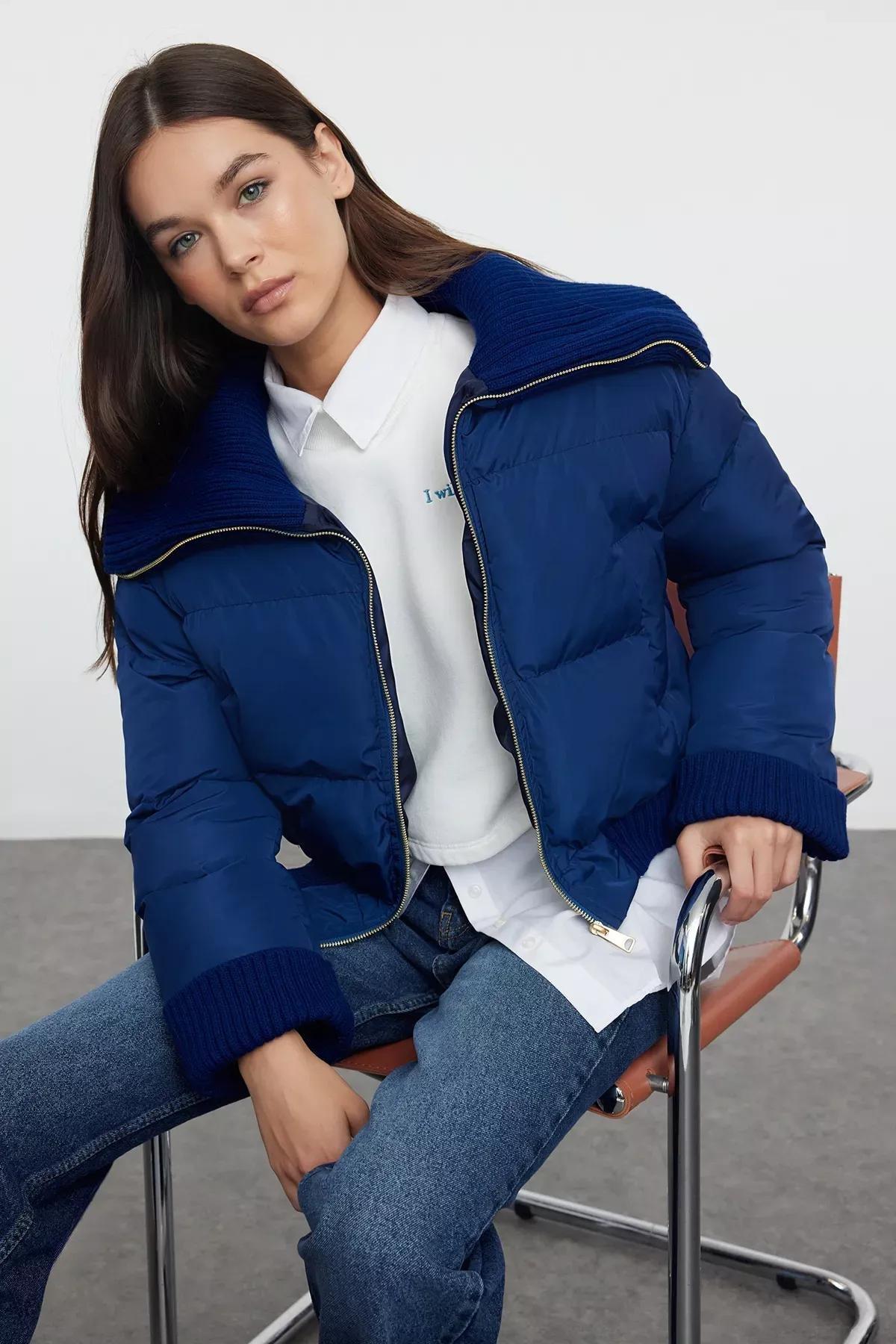 Navy Knit Detailed Puffer Jacket, Navy blue, medium