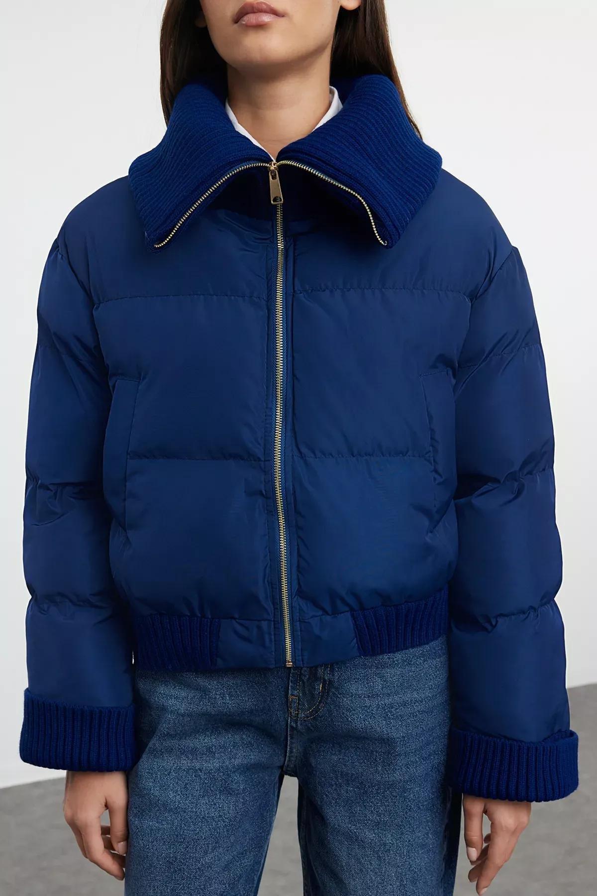 Navy Knit Detailed Puffer Jacket, Navy blue, large image number 4