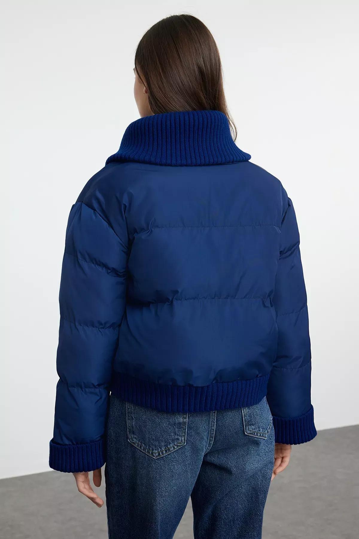 Navy Knit Detailed Puffer Jacket, Navy blue, large image number 6