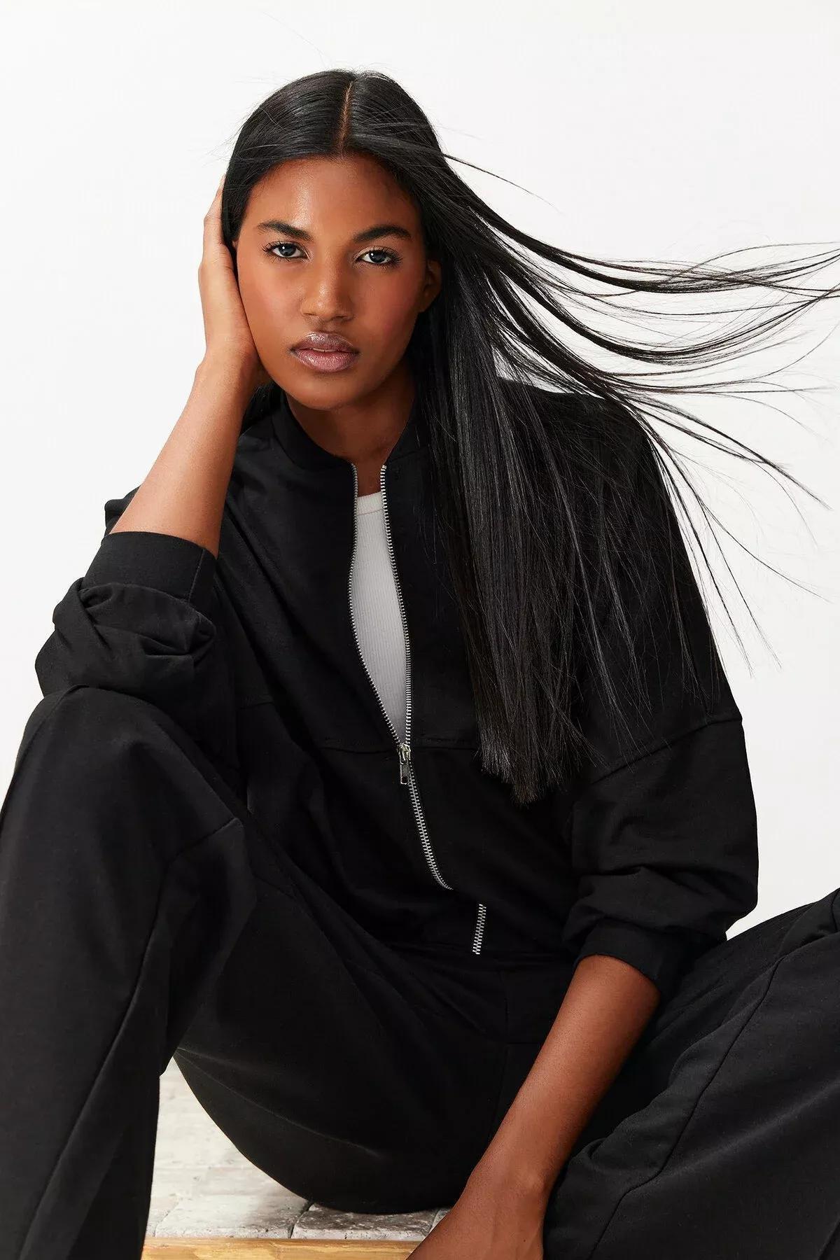 Black Ribbed Zippered Knitted Co-Ord Set, C101_5720, large image number 2