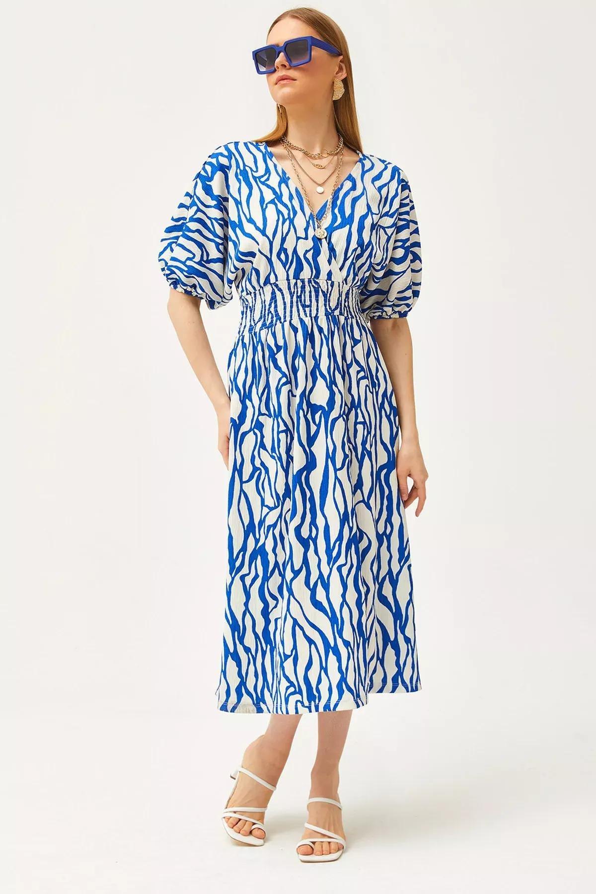 Blue Gipped Double-Breasted Collared Midi Dress, , large image number 0