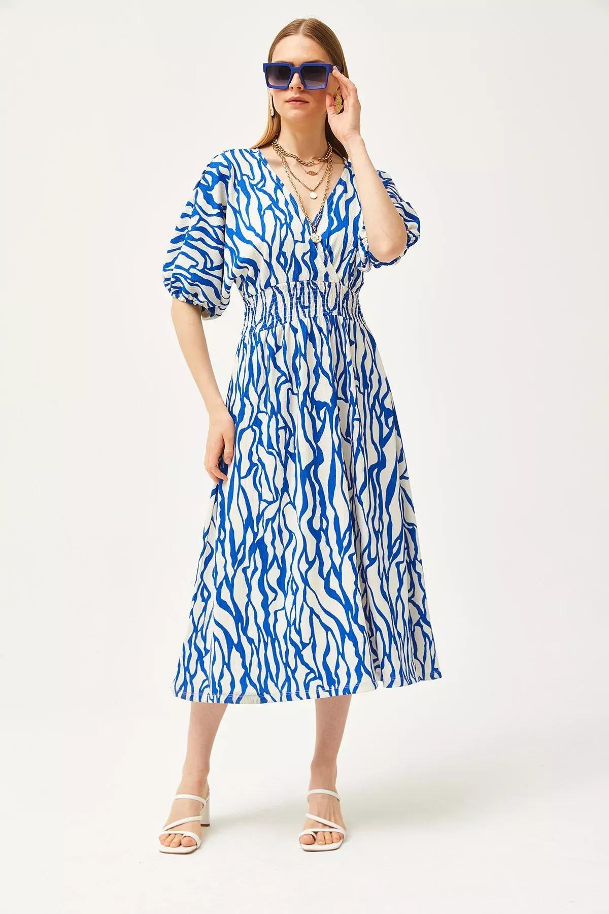 Blue Gipped Double-Breasted Collared Midi Dress, , large image number 1
