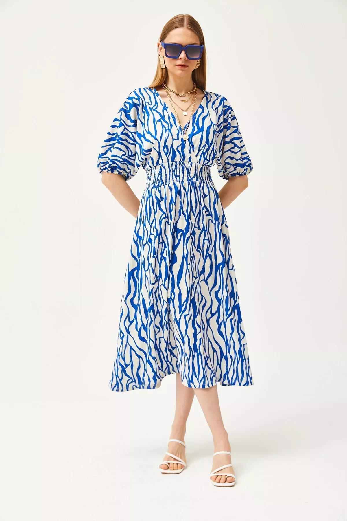 Blue Gipped Double-Breasted Collared Midi Dress, , large image number 2