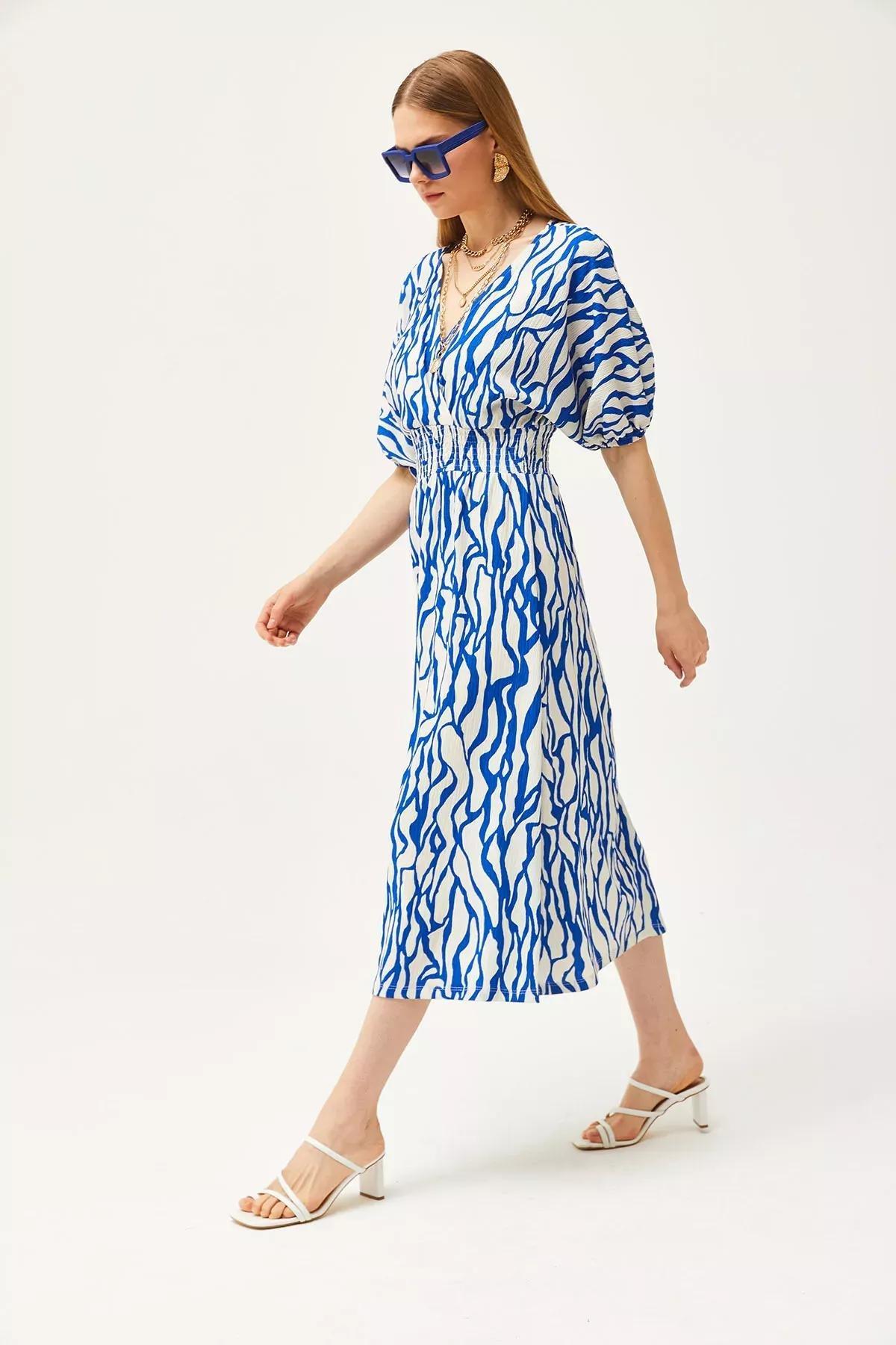 Blue Gipped Double-Breasted Collared Midi Dress, , large image number 3