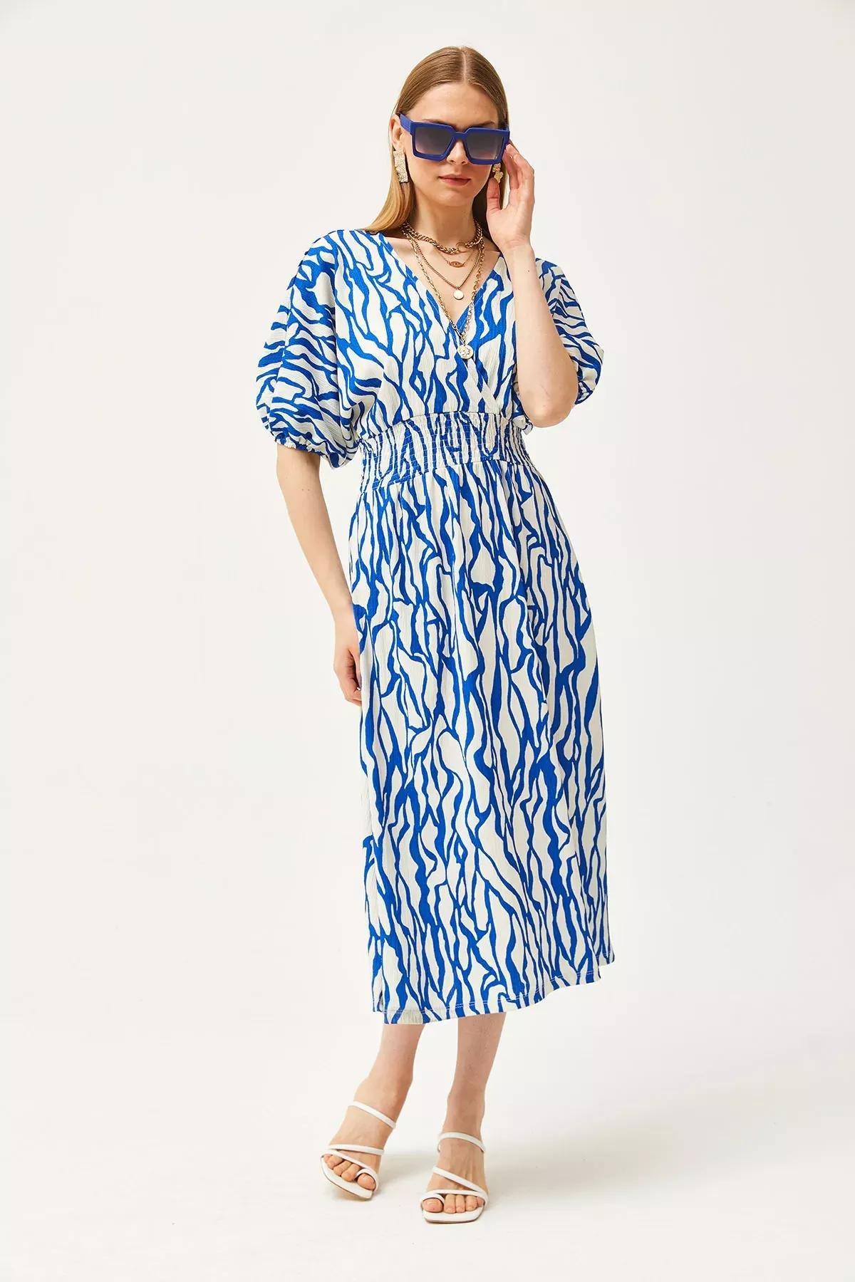 Blue Gipped Double-Breasted Collared Midi Dress, , large image number 4