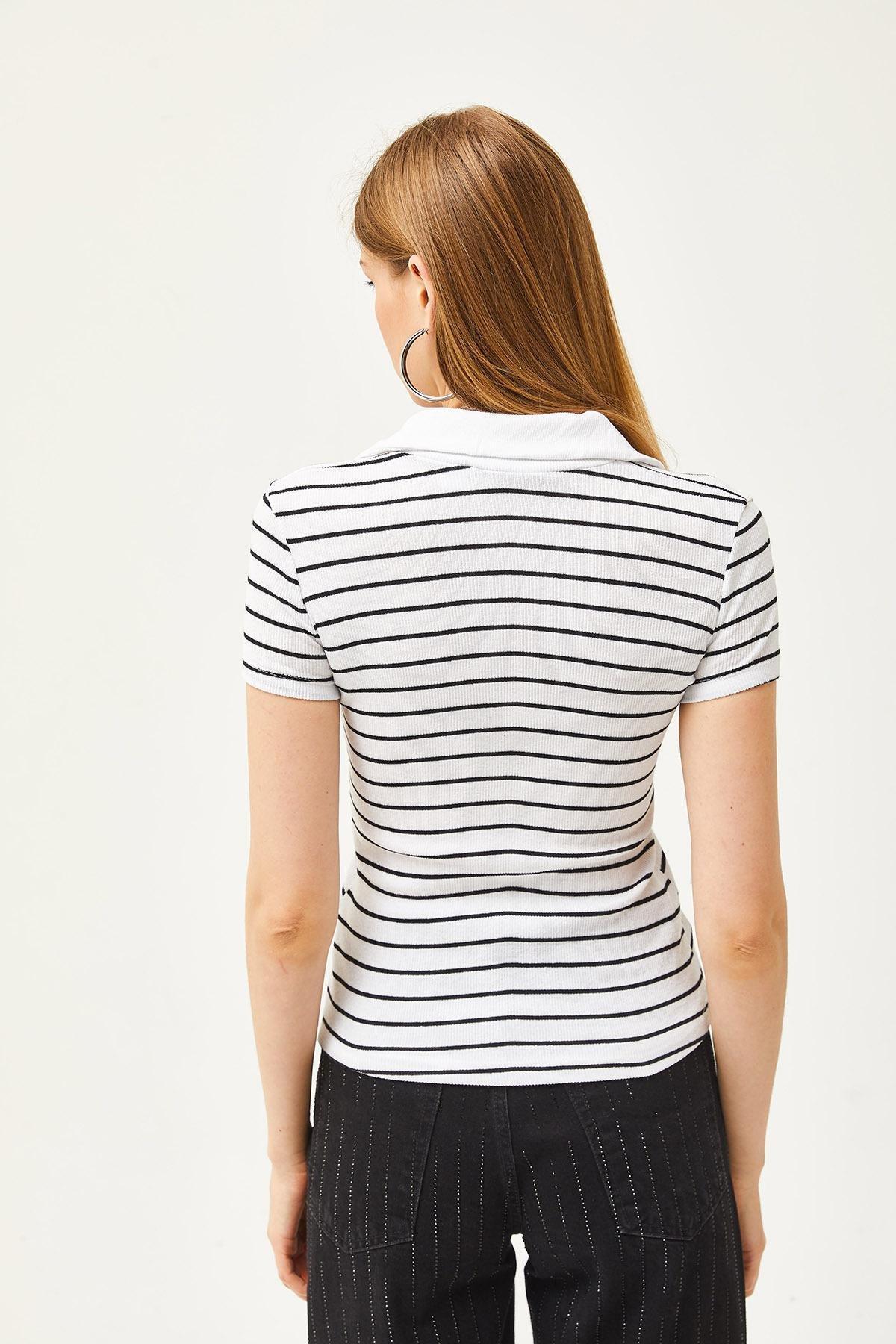 White Striped Polo Neck Blouse, Striped White, large image number 1