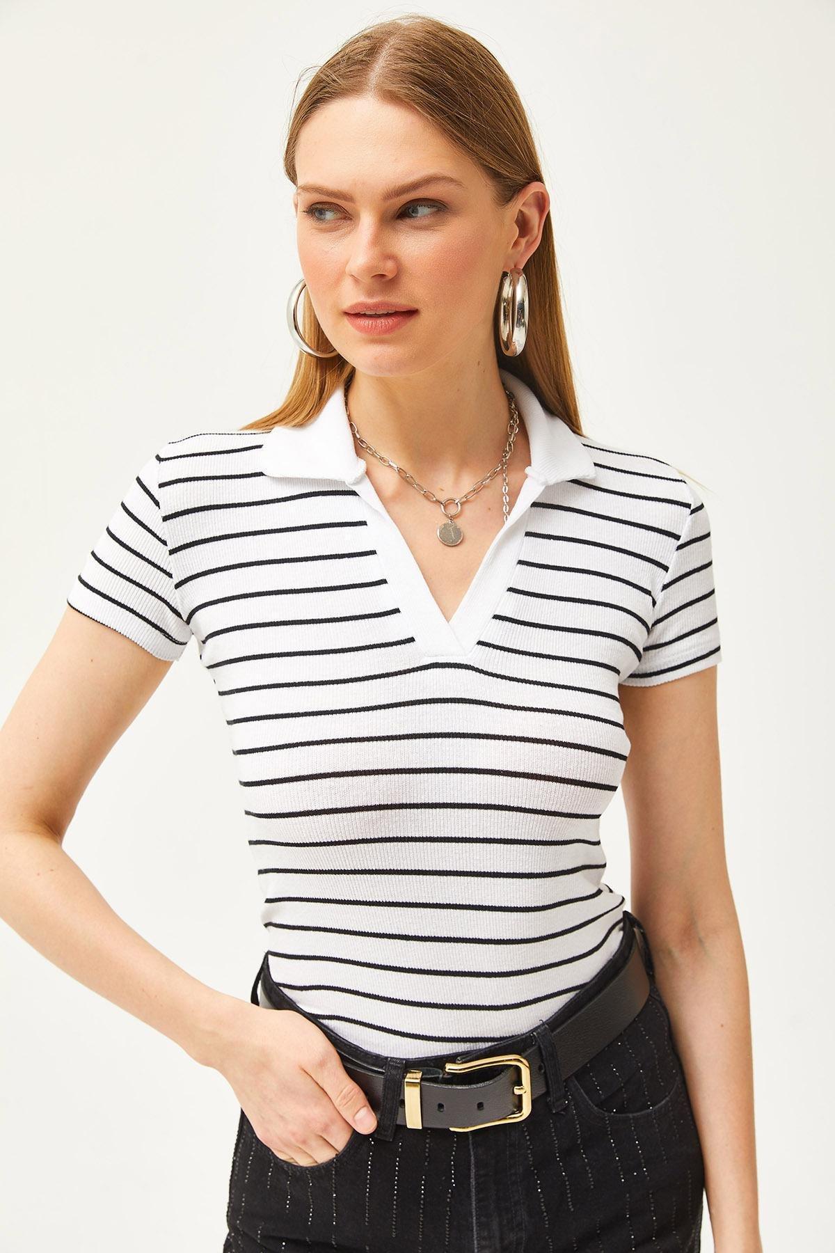 White Striped Polo Neck Blouse, Striped White, large image number 2
