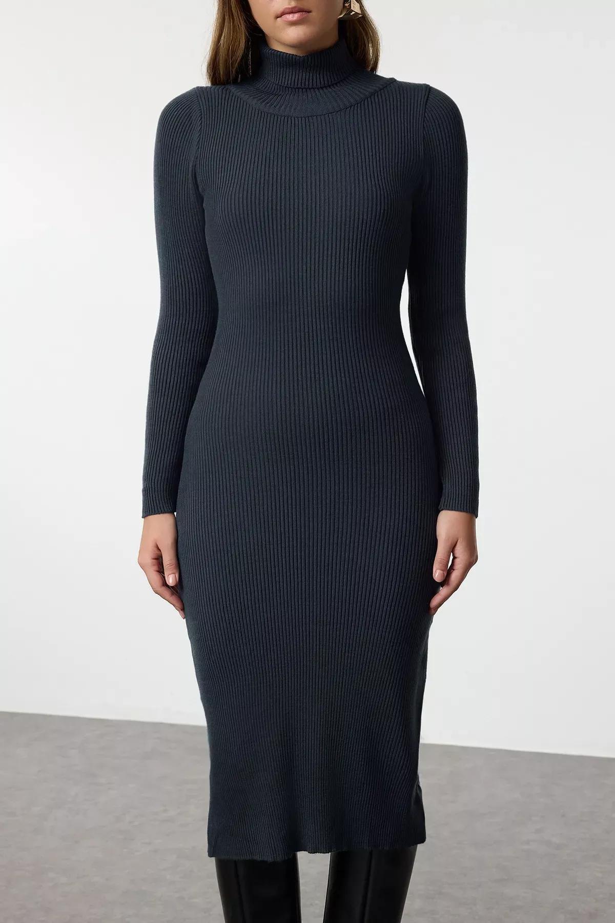 Blue Midi Knit Basic Turtleneck Dress, , large image number 3