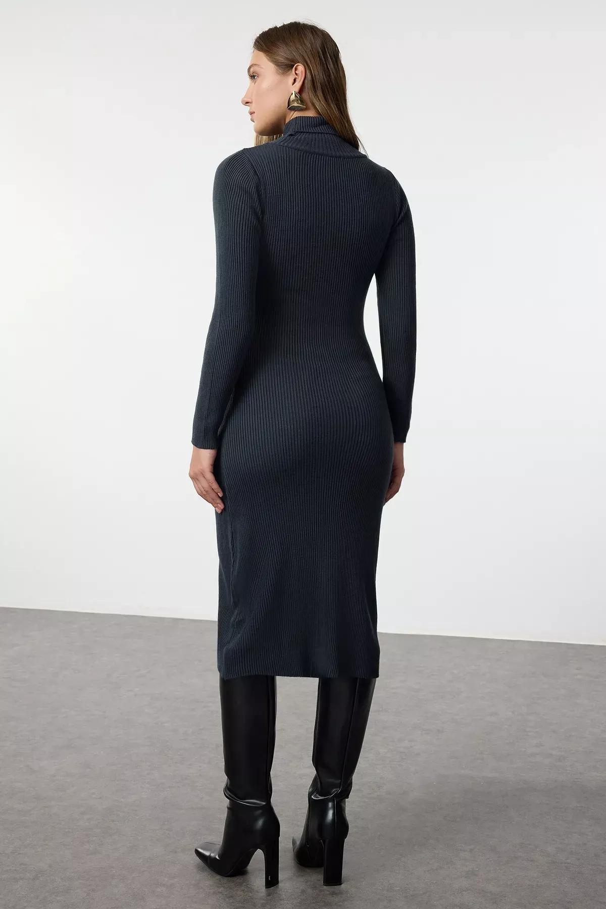 Blue Midi Knit Basic Turtleneck Dress, , large image number 4