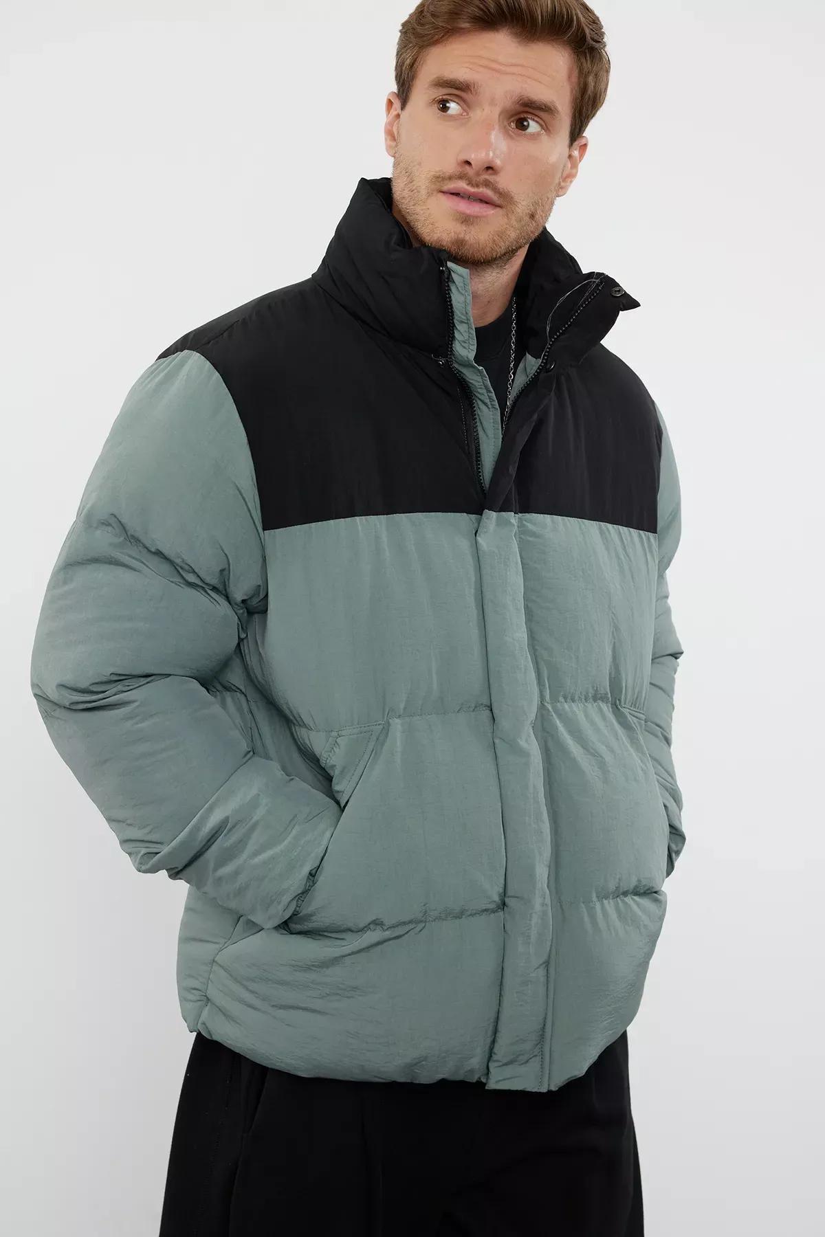 Mens Mint Taslan Regular Fit Color Block Stand Collar Winter Coat TMNAW25MO00006, Single item, , medium