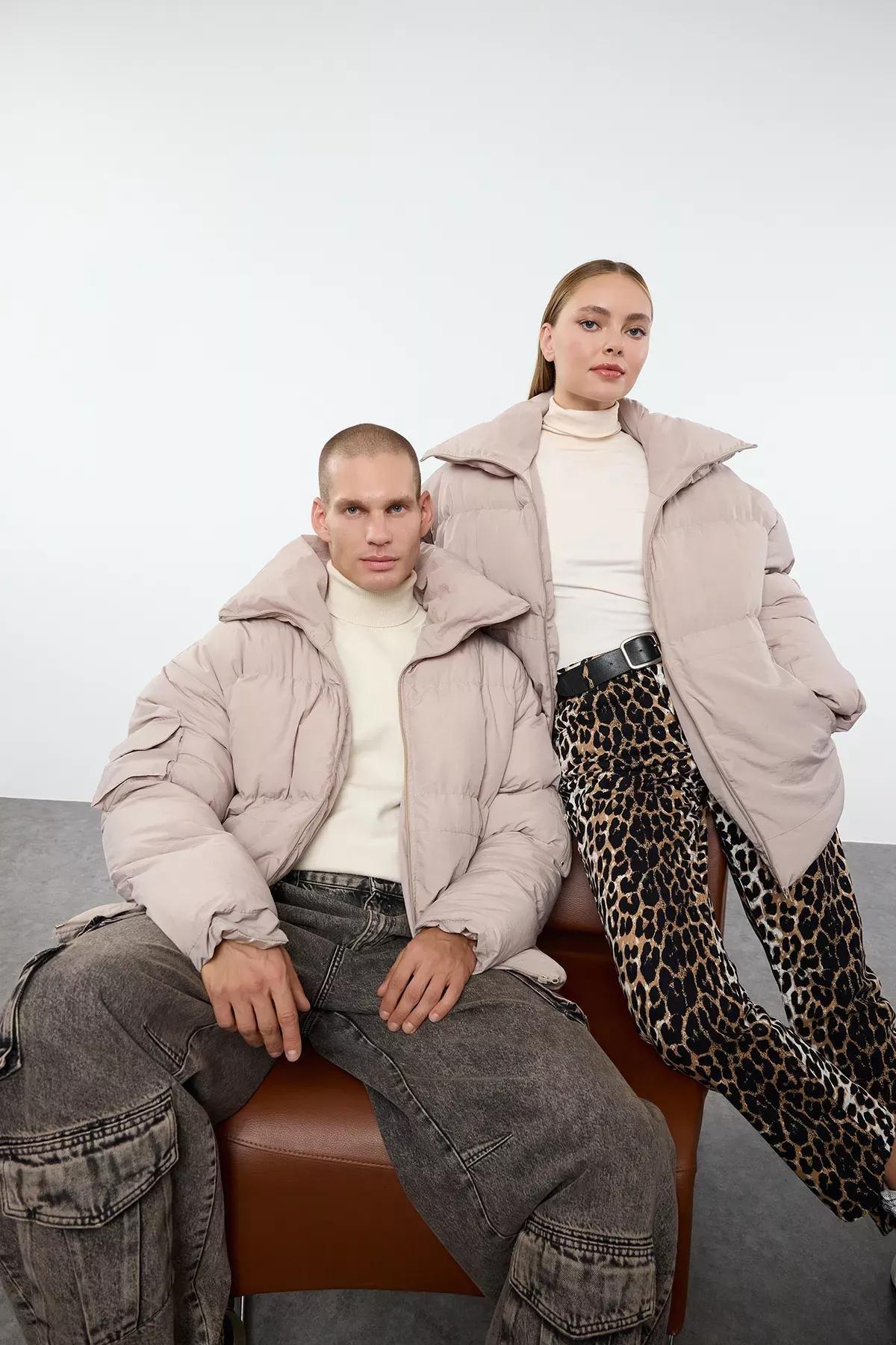 Beige Unisex Taslan Relaxed Winter Coat, STONE, large image number 3