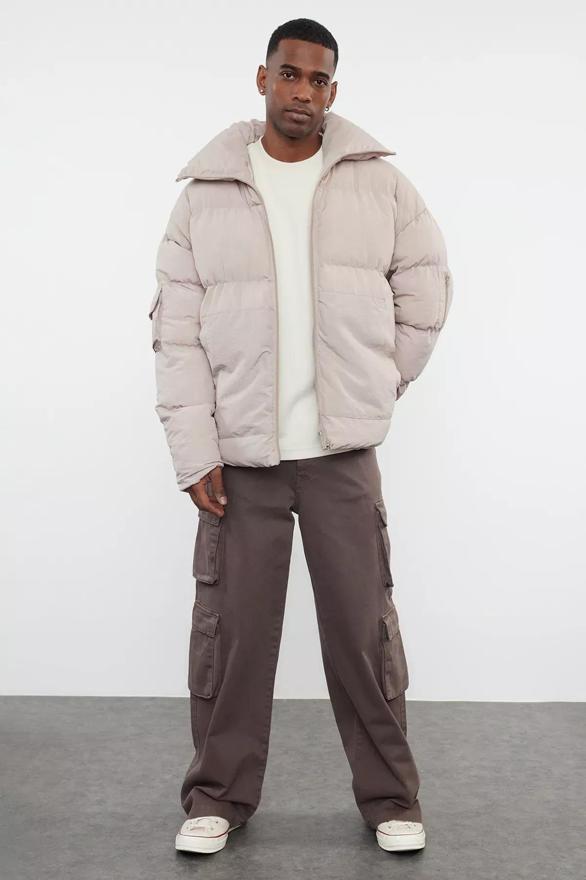 Beige Unisex Taslan Relaxed Winter Coat, STONE, large image number 4