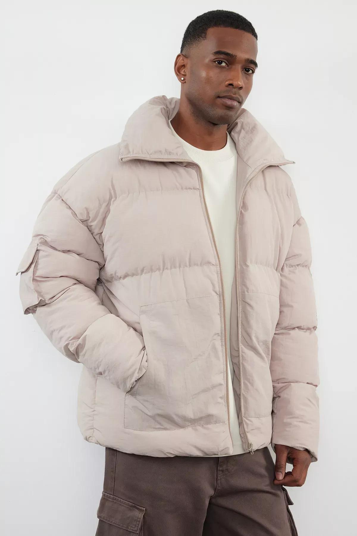 Beige Unisex Taslan Relaxed Winter Coat, STONE, large image number 5