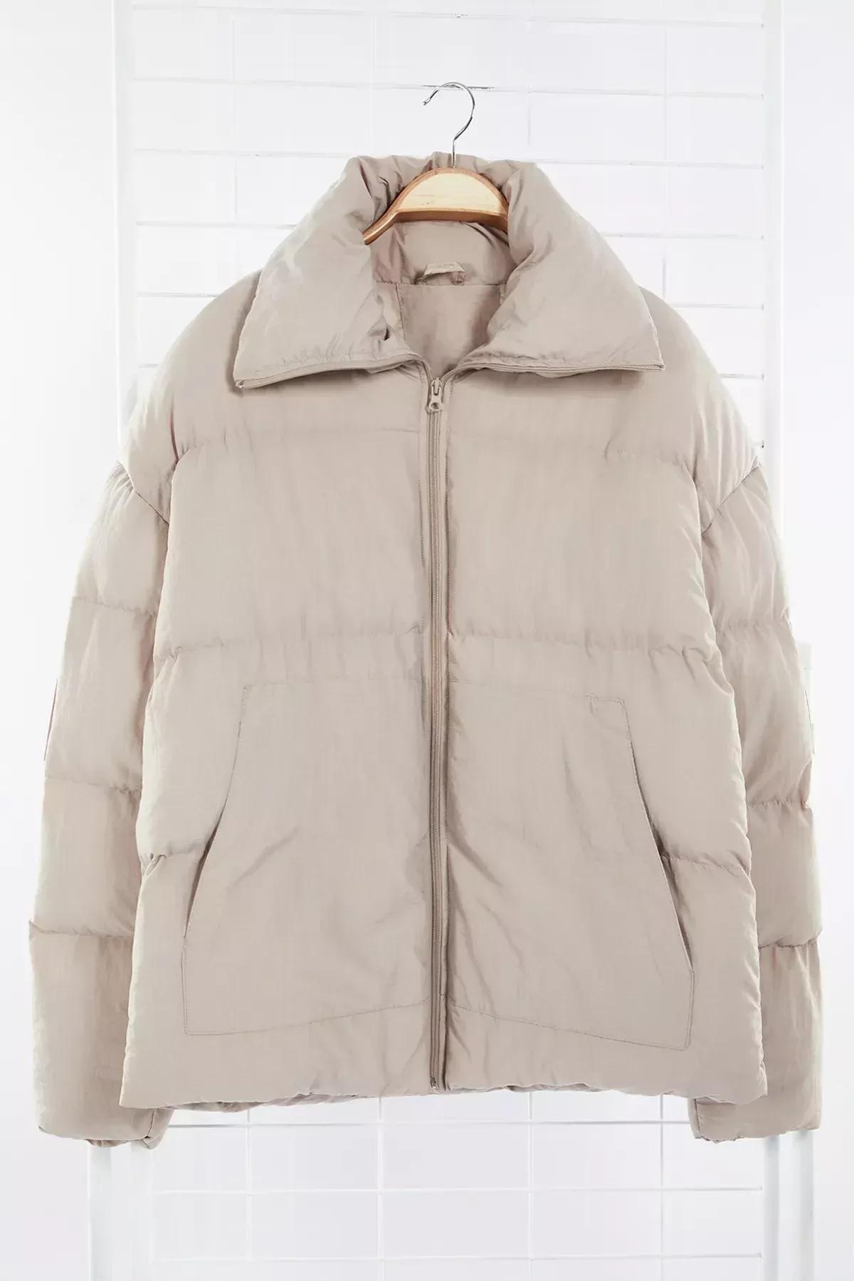 Beige Unisex Taslan Relaxed Winter Coat, STONE, large image number 8