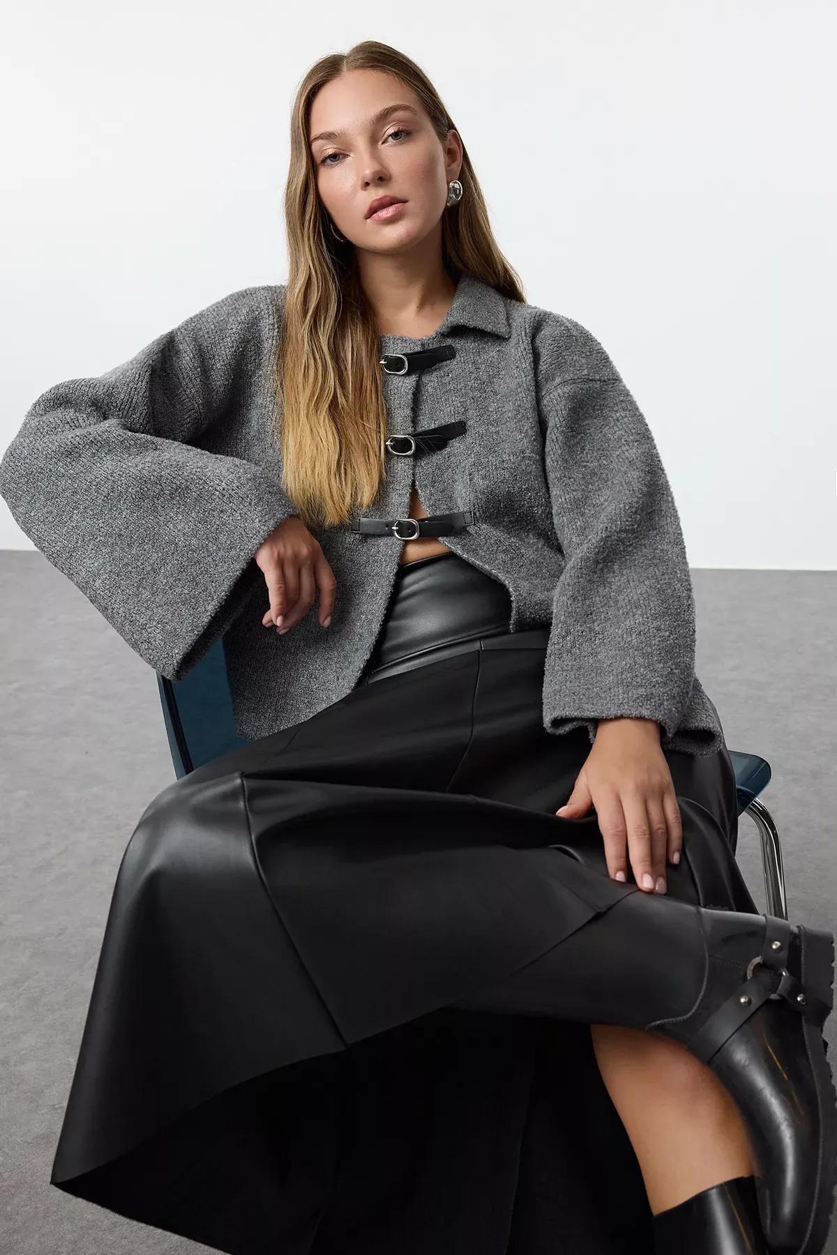 Grey Boucle Knitted Cardigan, Grey, medium