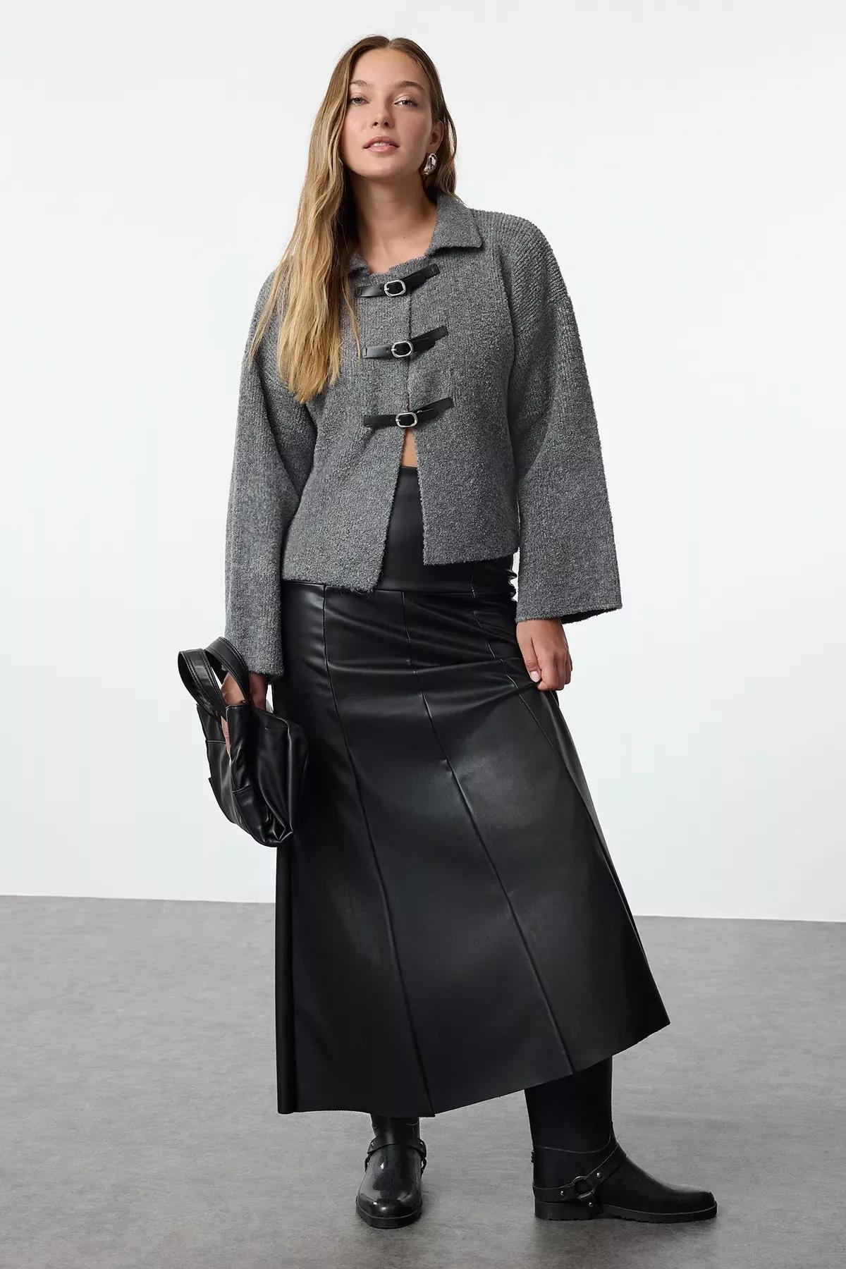 Grey Boucle Knitted Cardigan, Grey, large image number 1
