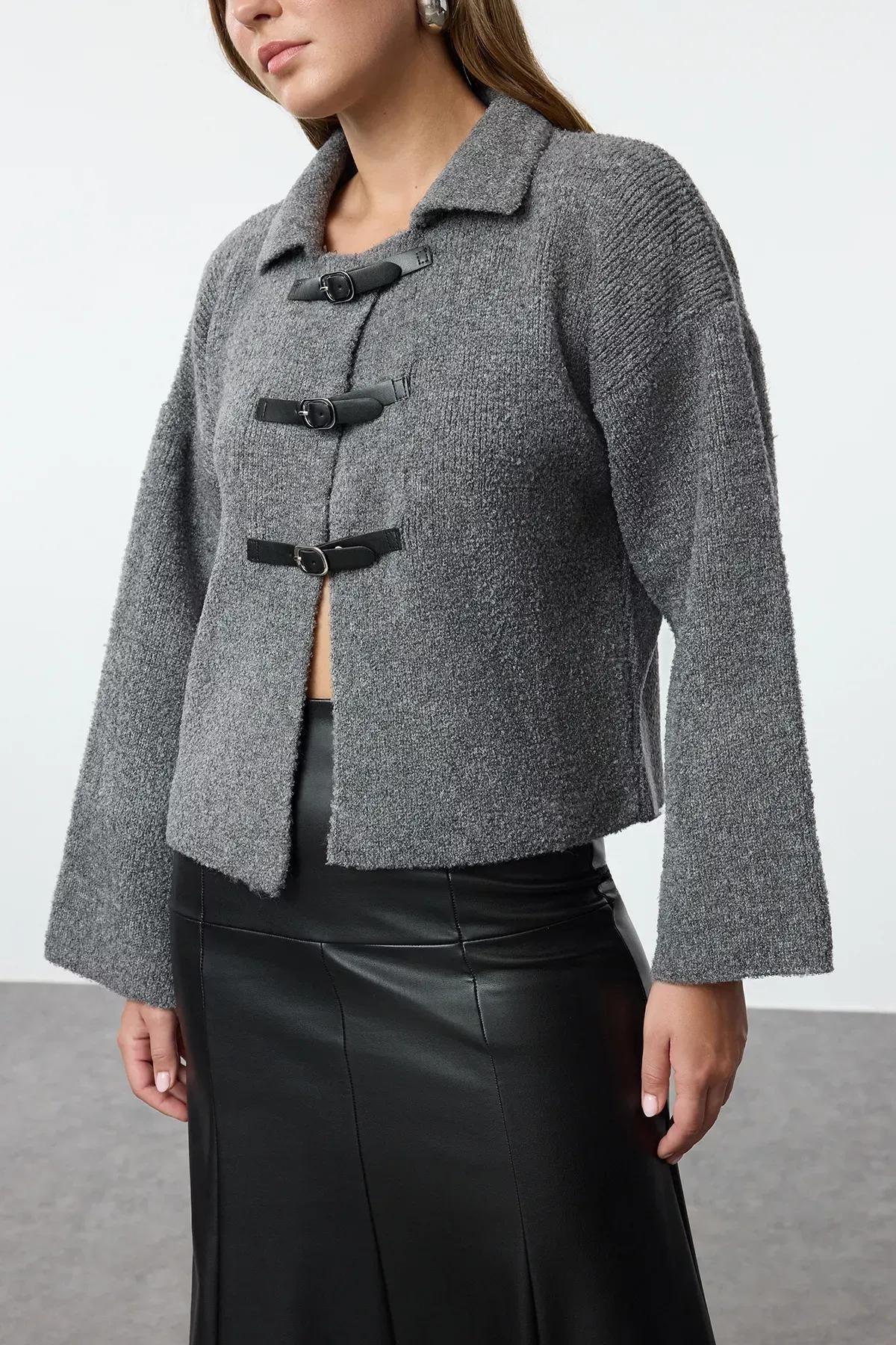 Grey Boucle Knitted Cardigan, Grey, large image number 3