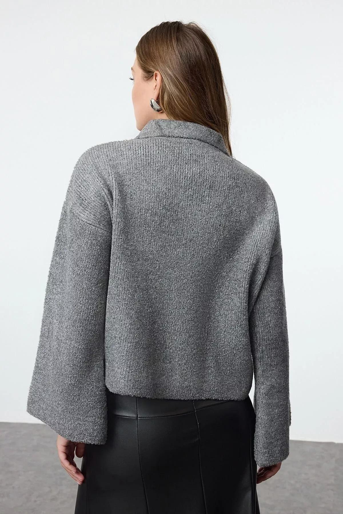 Grey Boucle Knitted Cardigan, Grey, large image number 4