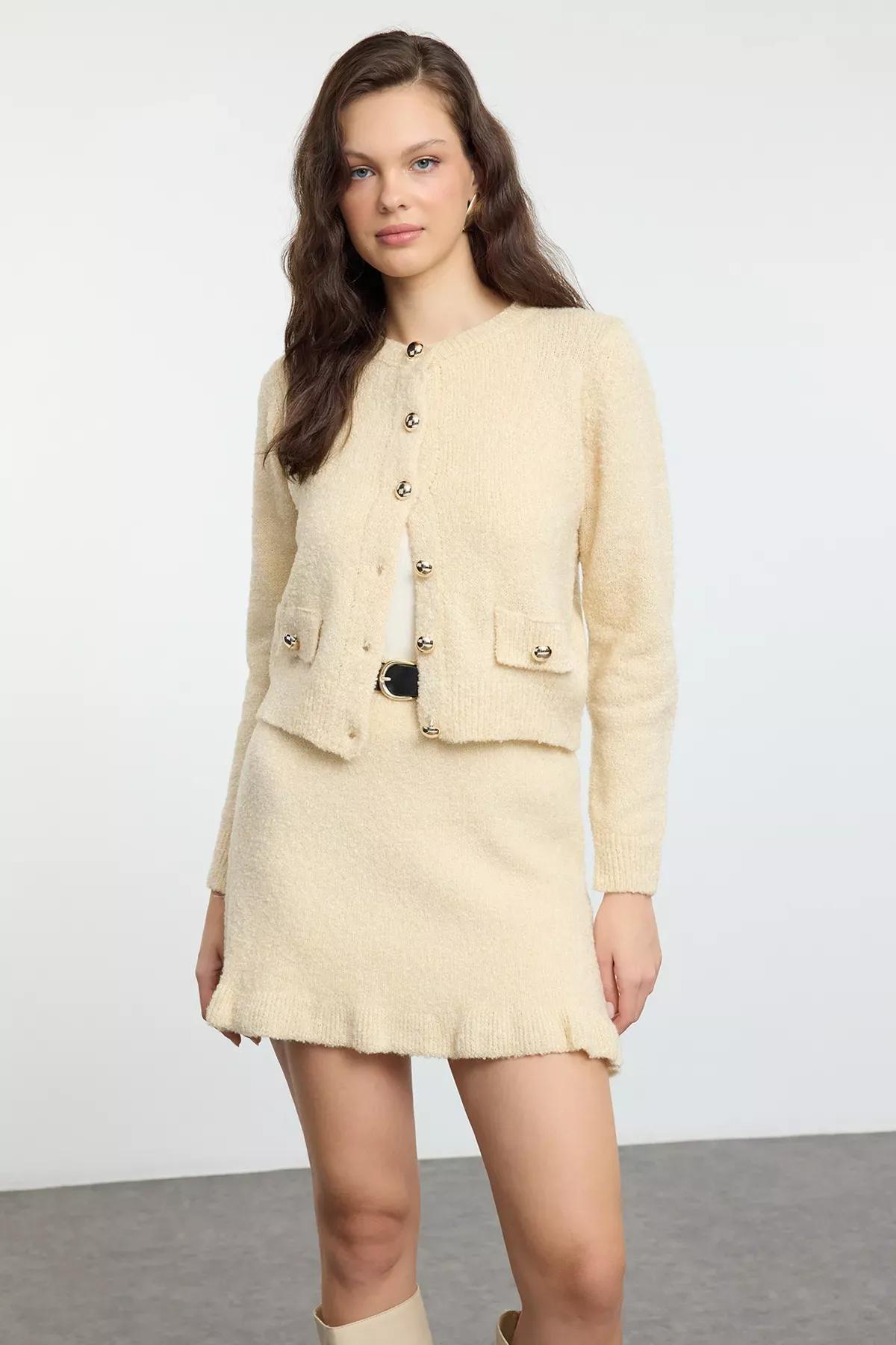 Stone Boucle Belted Knitwear Co-Ord Set, STONE, large image number 0