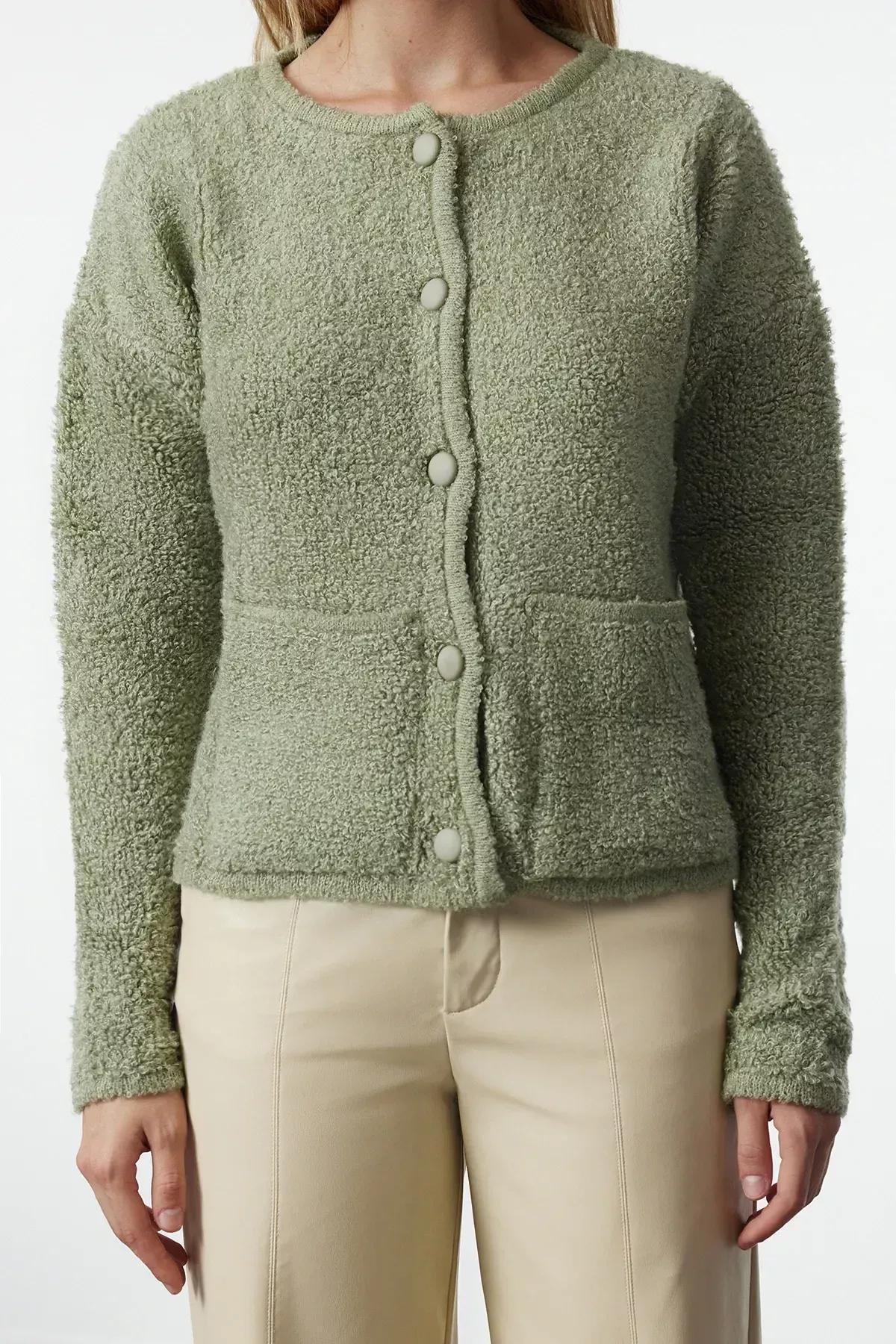 Green Boucle Pocket Knitwear Cardigan, Mint, large image number 3