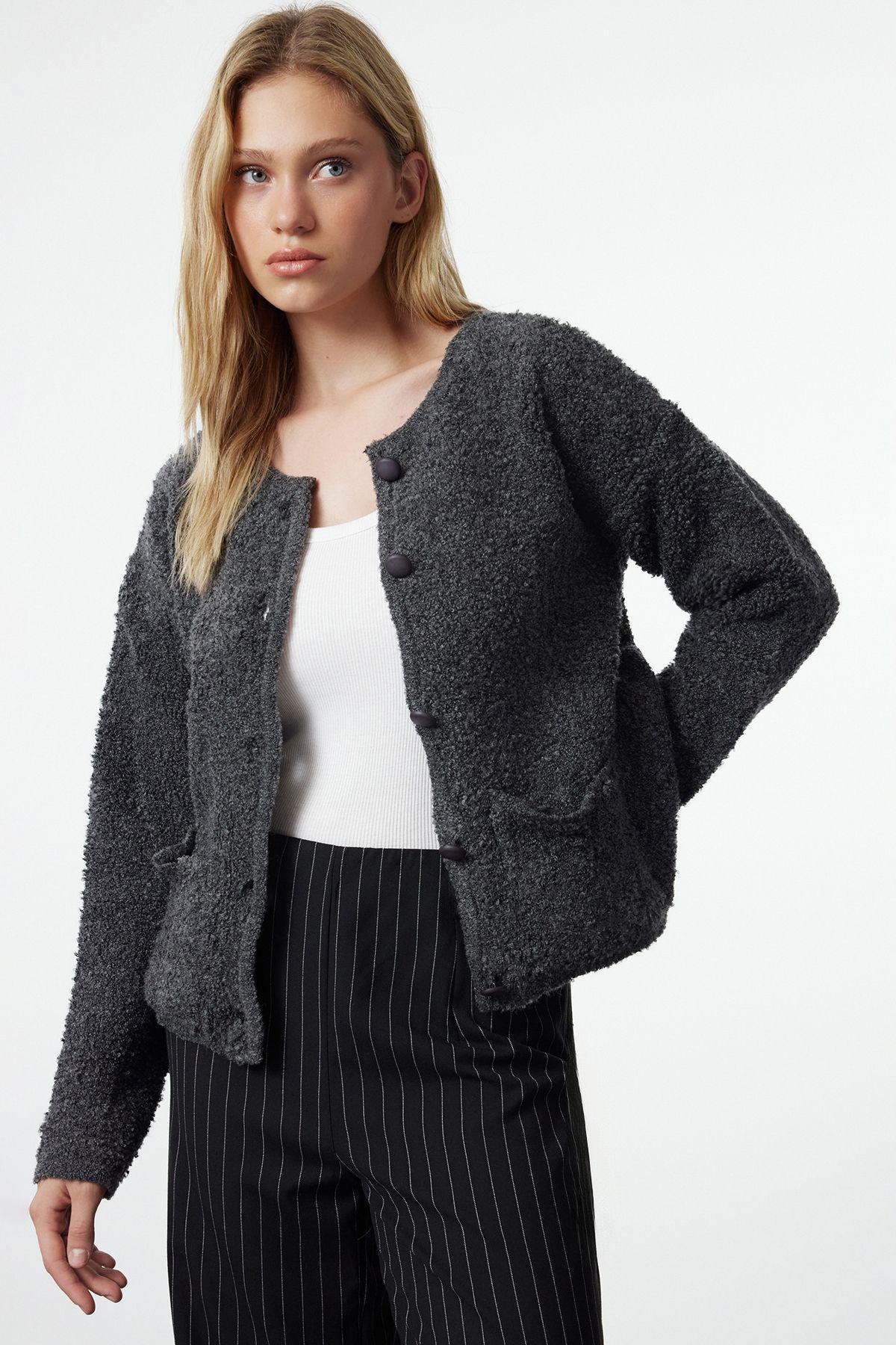 Anthracite Boucle Pocket Knitwear Cardigan TWOAW25HI00126, Anthracite, large image number 1