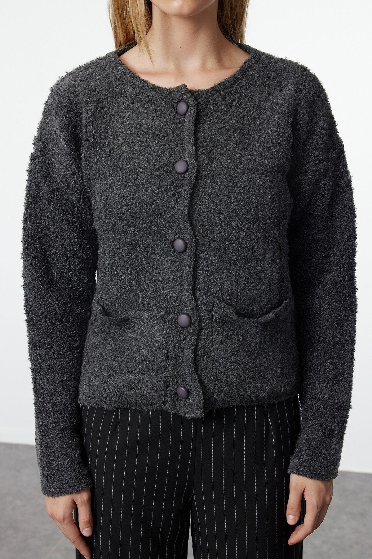 Anthracite Boucle Pocket Knitwear Cardigan TWOAW25HI00126, Anthracite, large image number 3