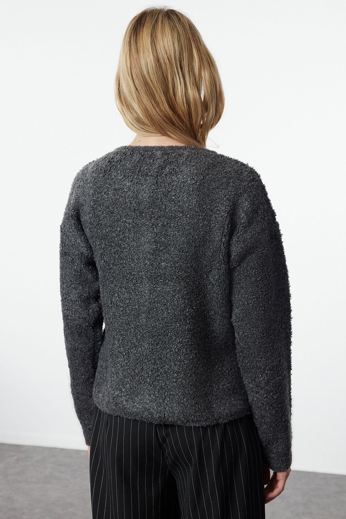 Anthracite Boucle Pocket Knitwear Cardigan TWOAW25HI00126, Anthracite, large image number 4