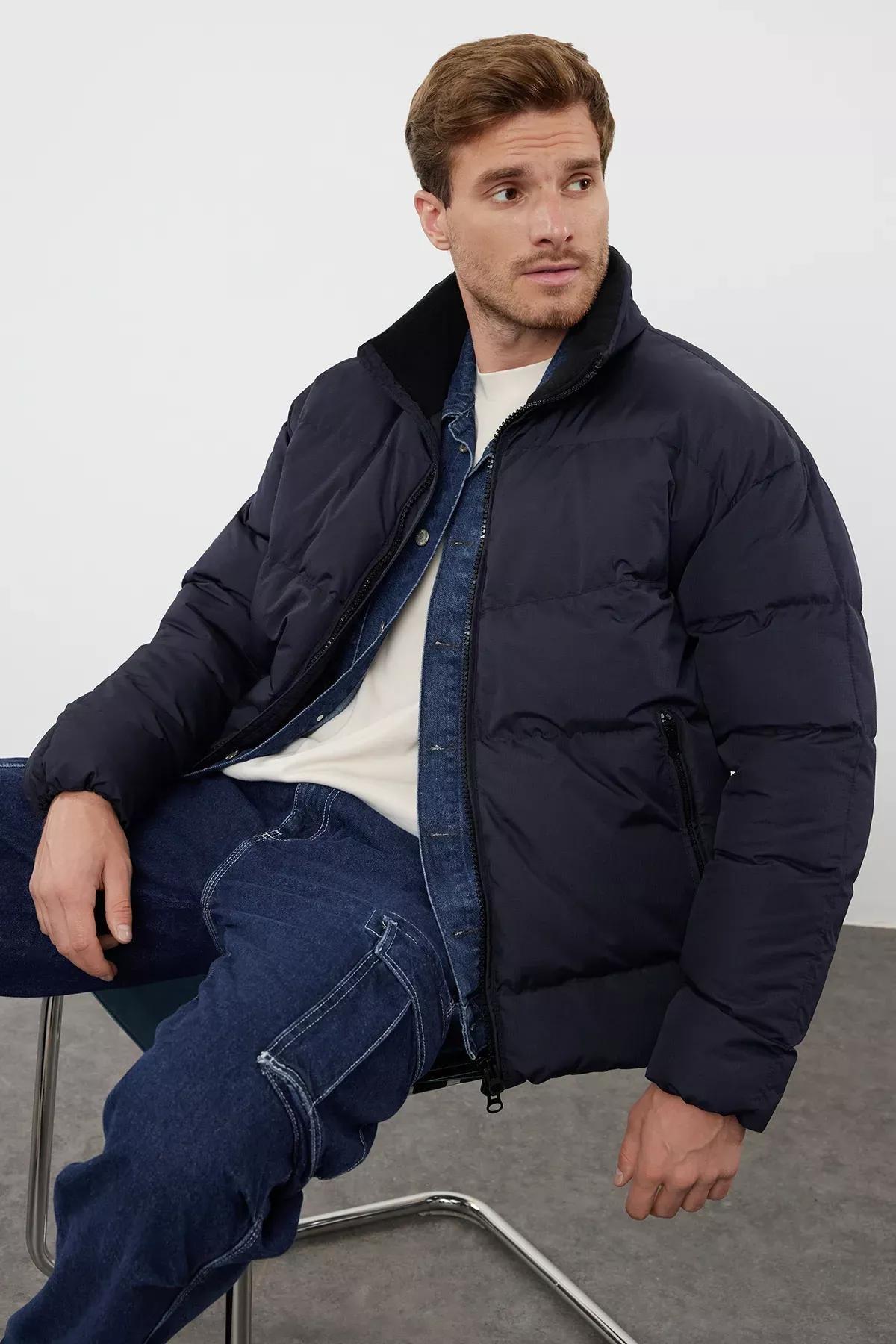 Blue Ribs Top Puffer Jacket, Navy blue, medium