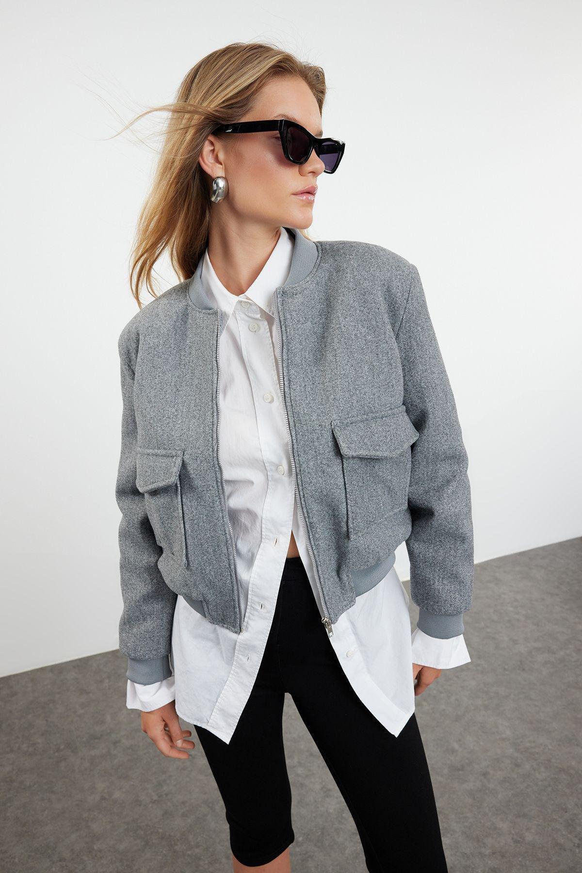 Gray Stamp Bomber Jacket Coat TWOAW25MO00085, single, , large image number 0
