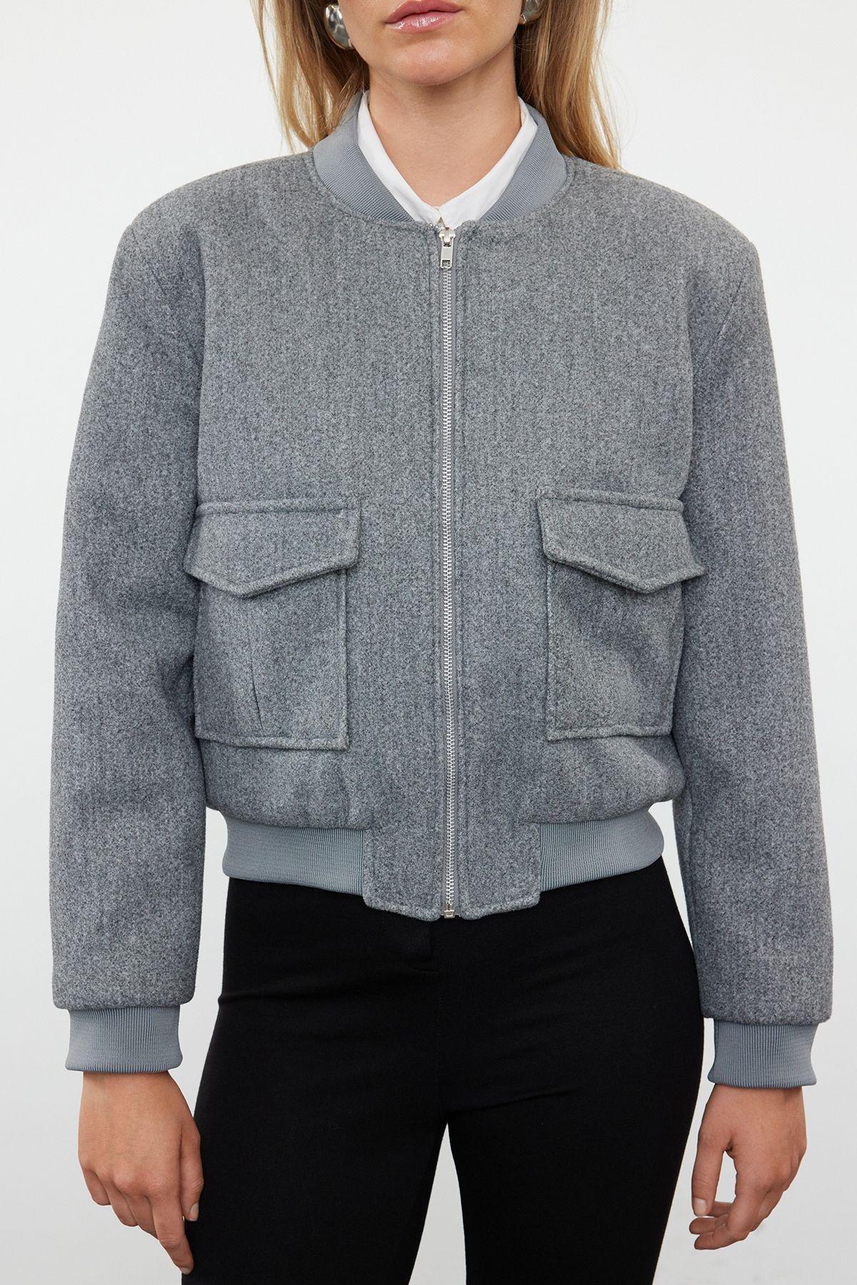 Gray Stamp Bomber Jacket Coat TWOAW25MO00085, single, , large image number 2