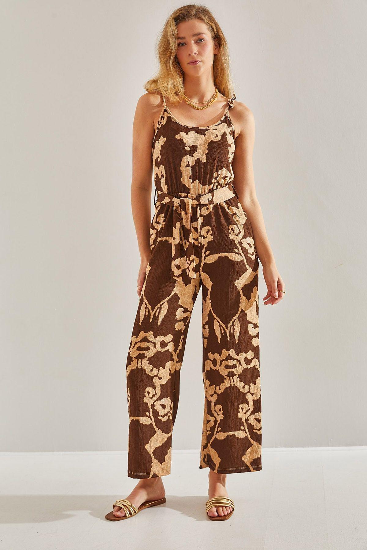 Brown Strap Pattern Jumpsuit, , large image number 0