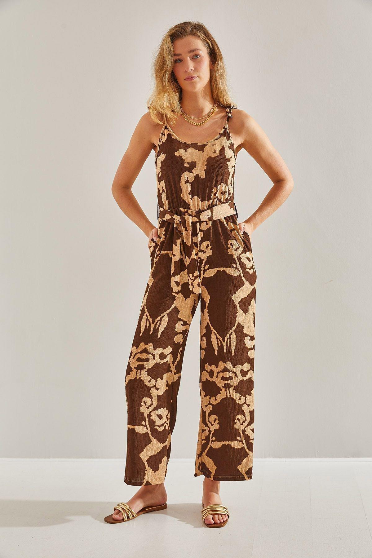 Brown Strap Pattern Jumpsuit, , large image number 1