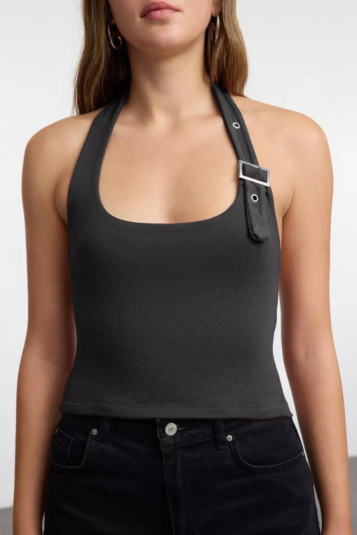 Grey Neck Tie Knitted Blouse, Anthracite, large image number 2