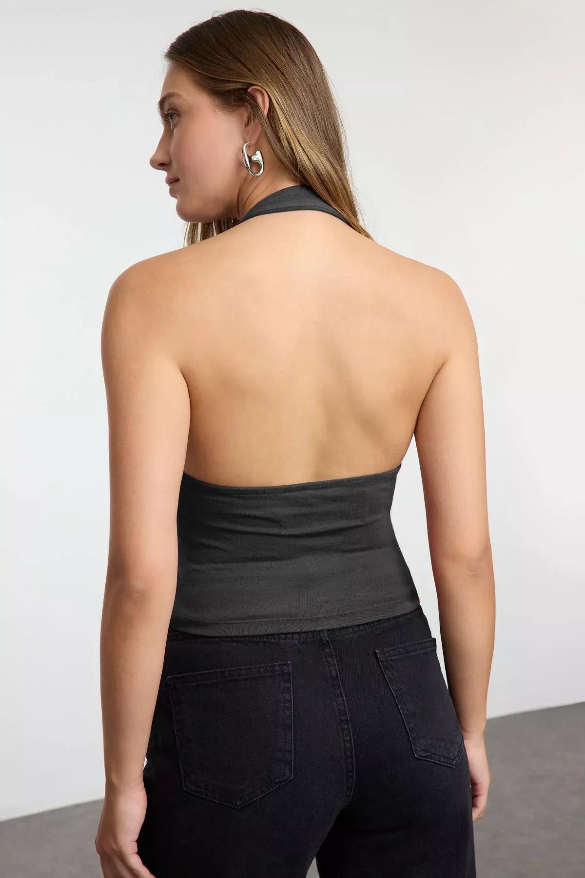 Grey Neck Tie Knitted Blouse, Anthracite, large image number 4