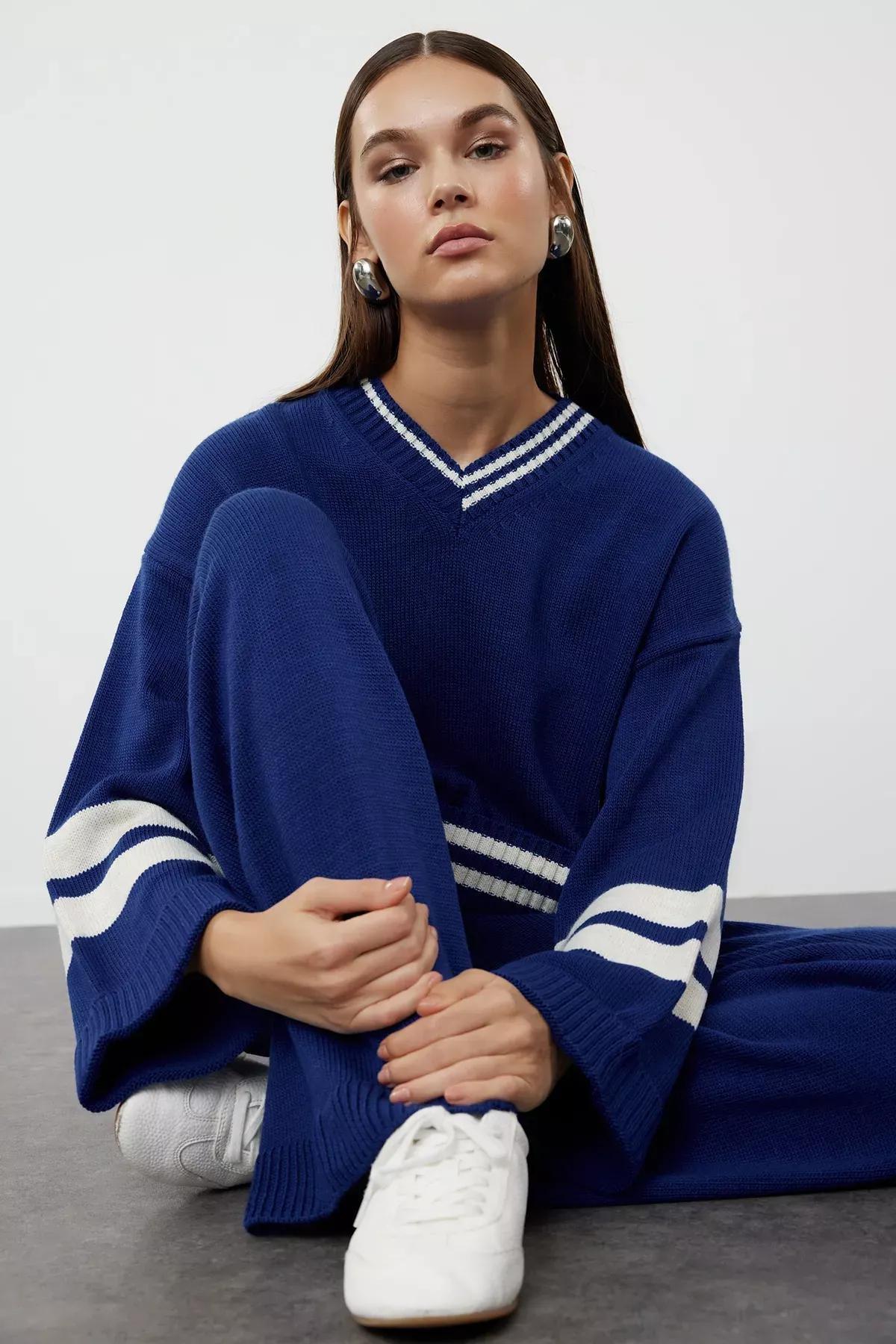 Blue Color Block Knit Set, Indigo, large image number 0