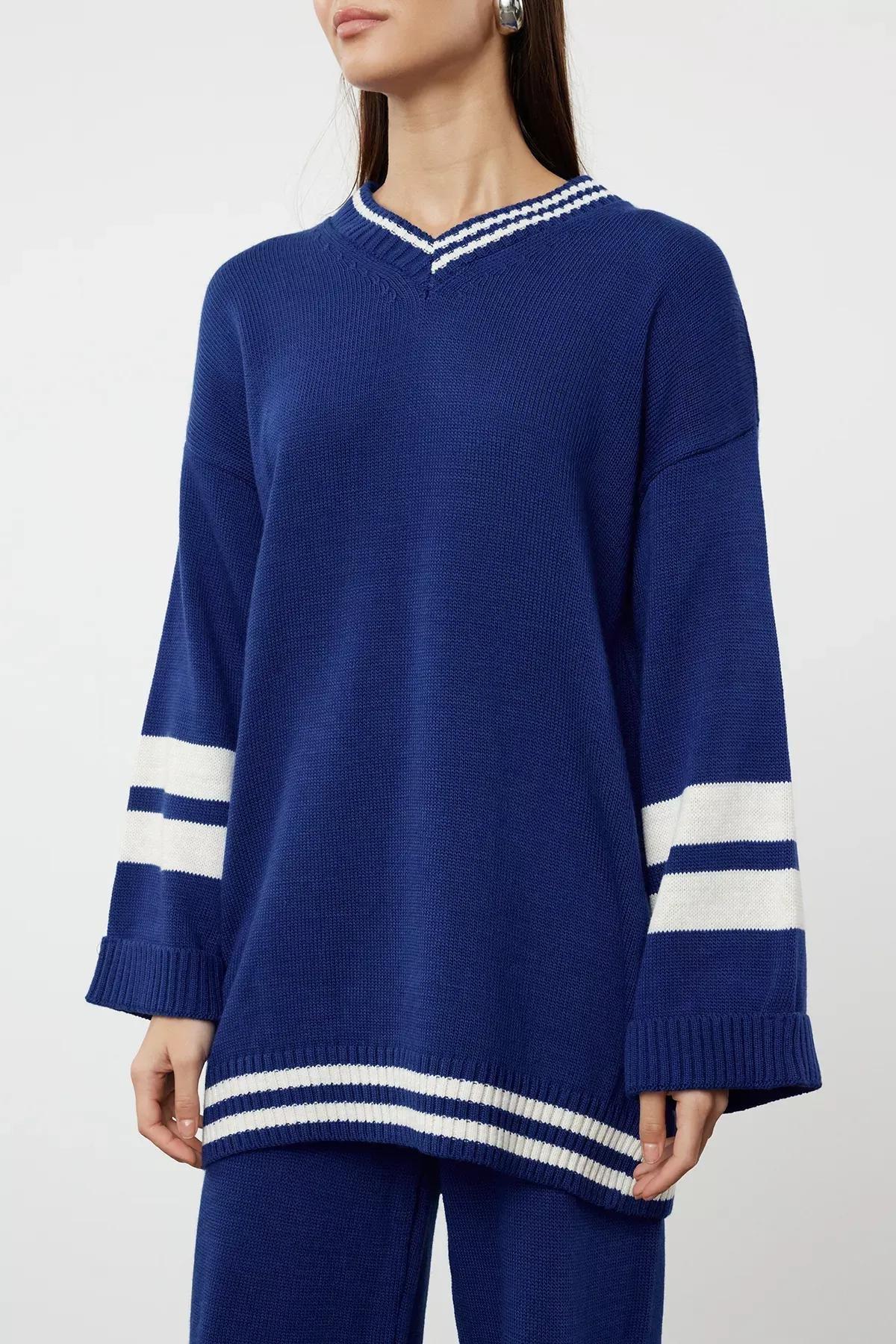 Blue Color Block Knit Set, Indigo, large image number 4