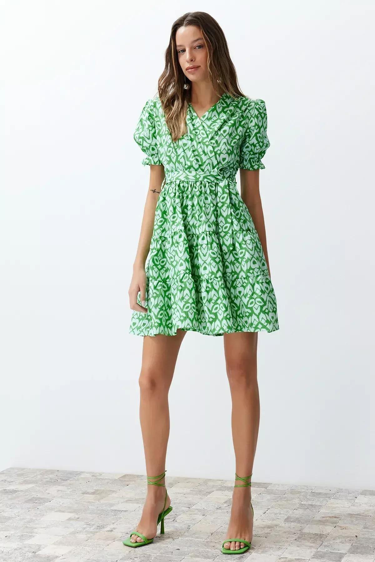 Green Floral Baby Doll Mini Dress, Green, large image number 1