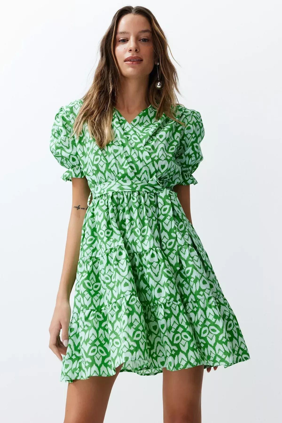 Green Floral Baby Doll Mini Dress, Green, large image number 2
