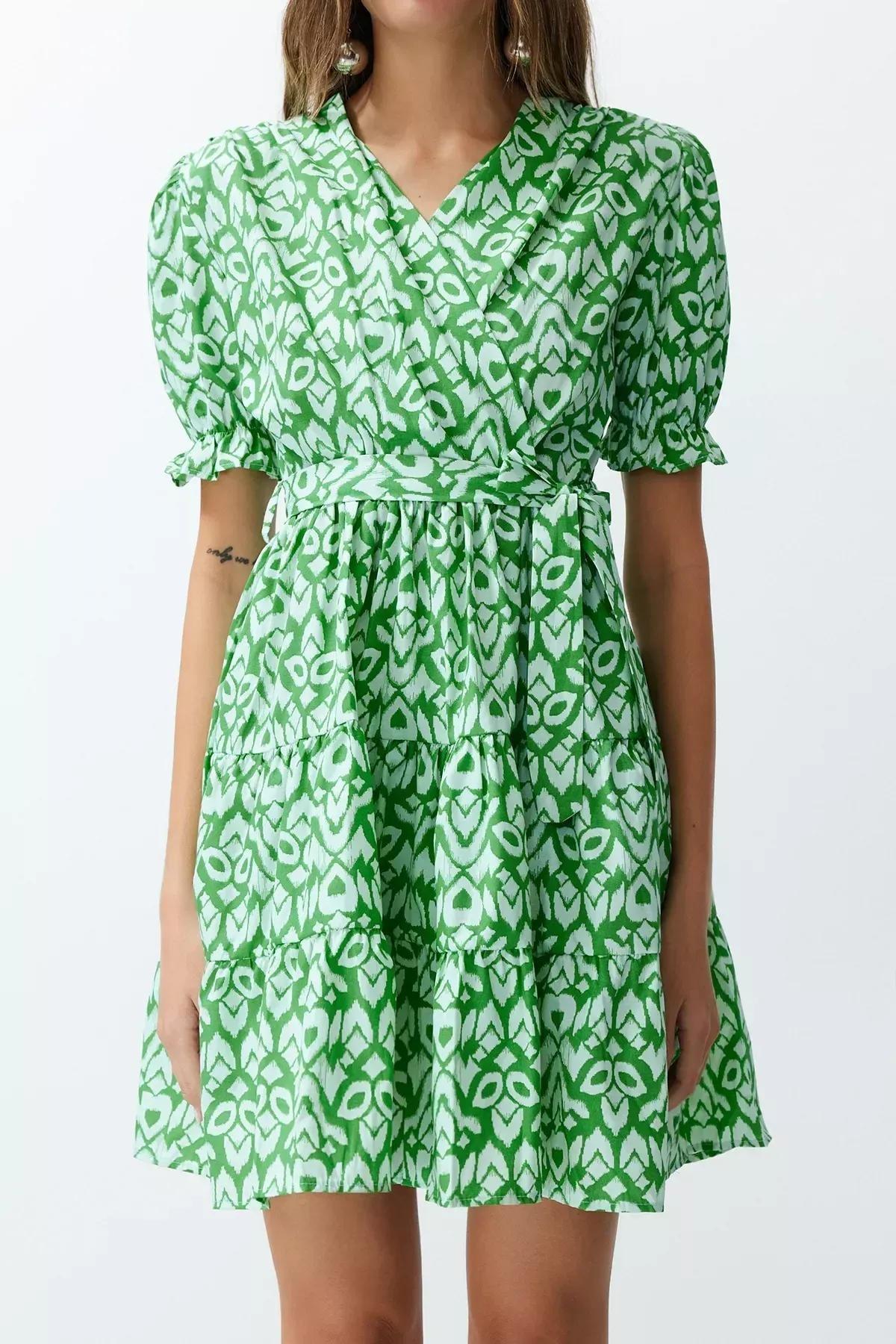 Green Floral Baby Doll Mini Dress, Green, large image number 3